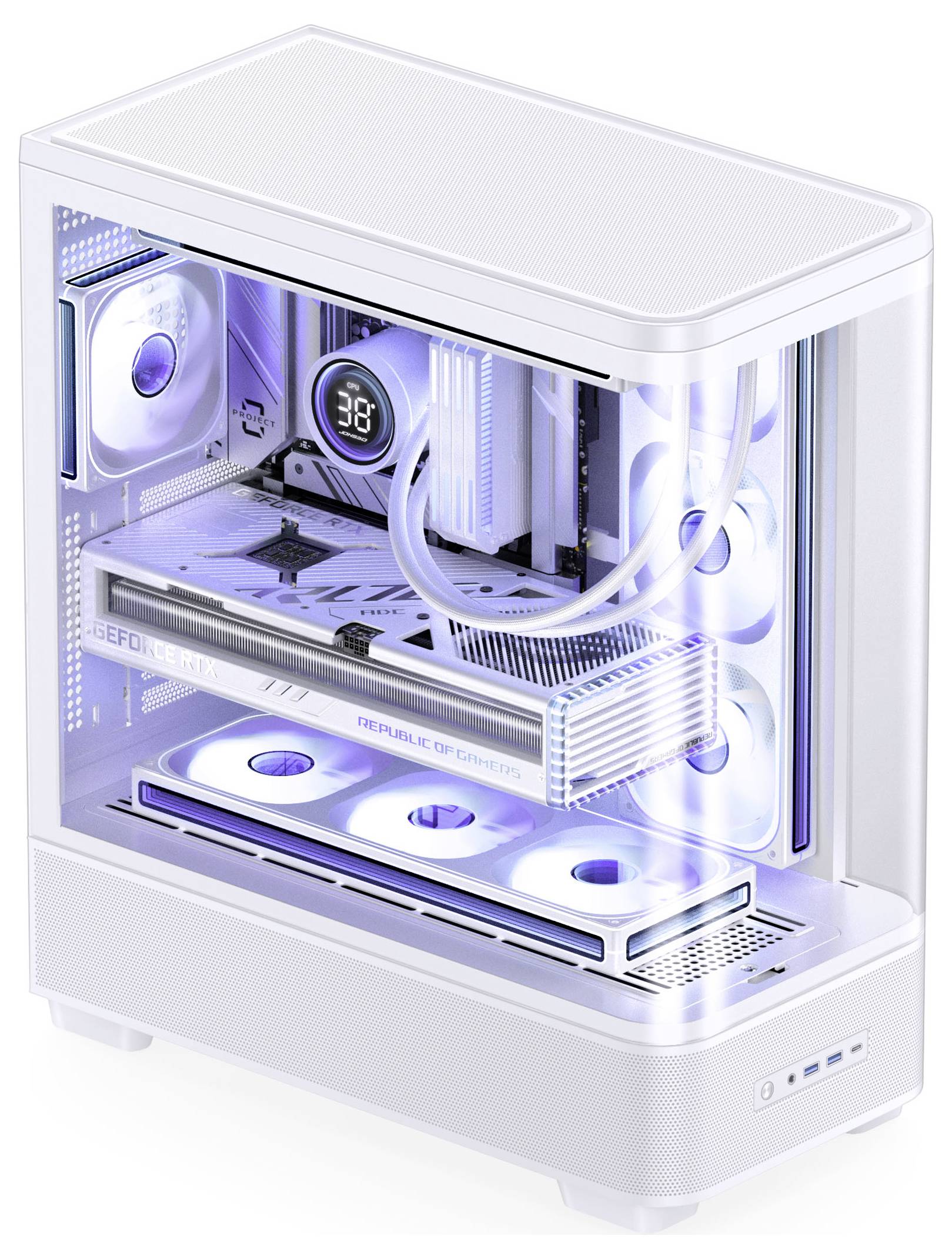 Ein weißes Desktop-PC-Gehäuse mit durchsichtigem Seitenpanel, das leuchtende blaue interne Komponenten, Kühlventilatoren und RGB-Beleuchtung zeigt.