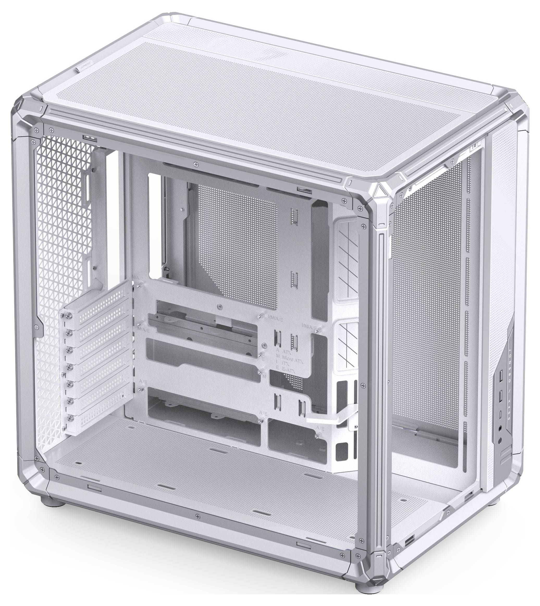 Transparentes modulares Computer-Gehäuse mit offenem Inneren, das Erweiterungssteckplätze, Laufwerkschächte und das vordere E/A-Bedienfeld zeigt