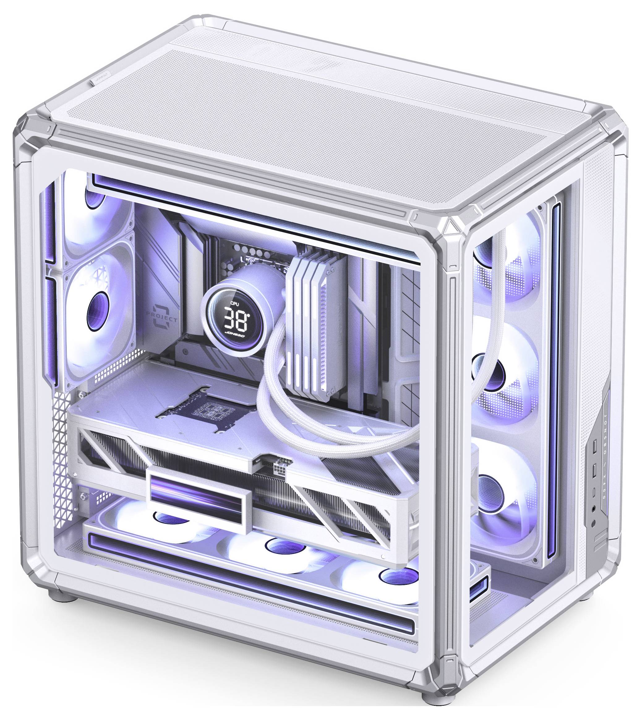 Transparenter Desktop-PC-Tower mit RGB-beleuchteten Lüftern, Flüssigkeitskühlung-Rohren und sichtbaren internen Komponenten in einem weißen Gehäuse.