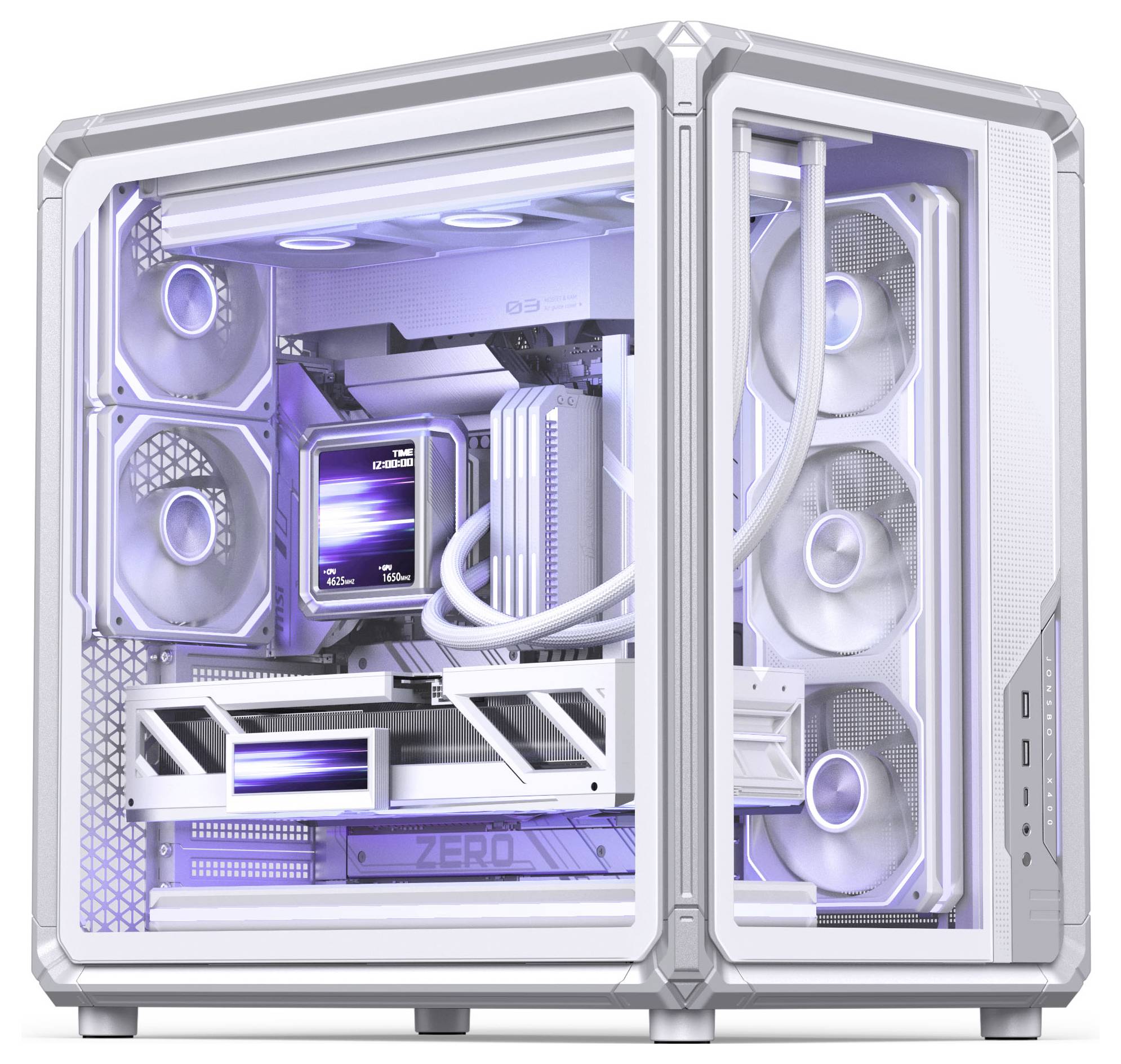Weißes High-End-Desktop-PC-Gehäuse mit Glasplatten aus Hartglas, RGB-beleuchteten Lüftern und sichtbaren Flüssigkeitskühlkomponenten im Inneren.