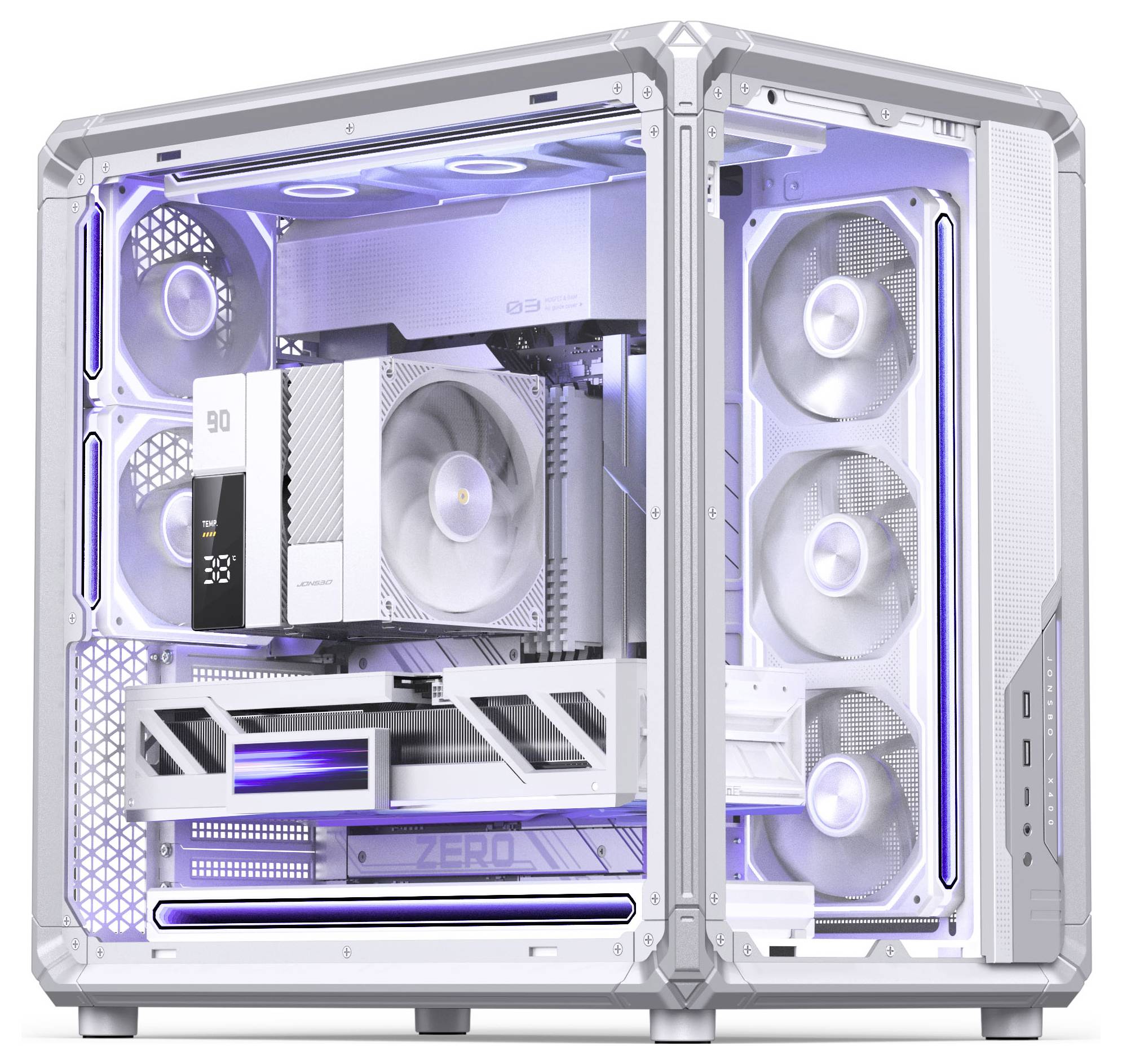 Weißer Gaming-PC-Tower mit seitlichen Glaspanelen, RGB-Beleuchtung, großem CPU-Kühler und mehreren Lüftern in einem Dual-Kammer-Gehäuse.