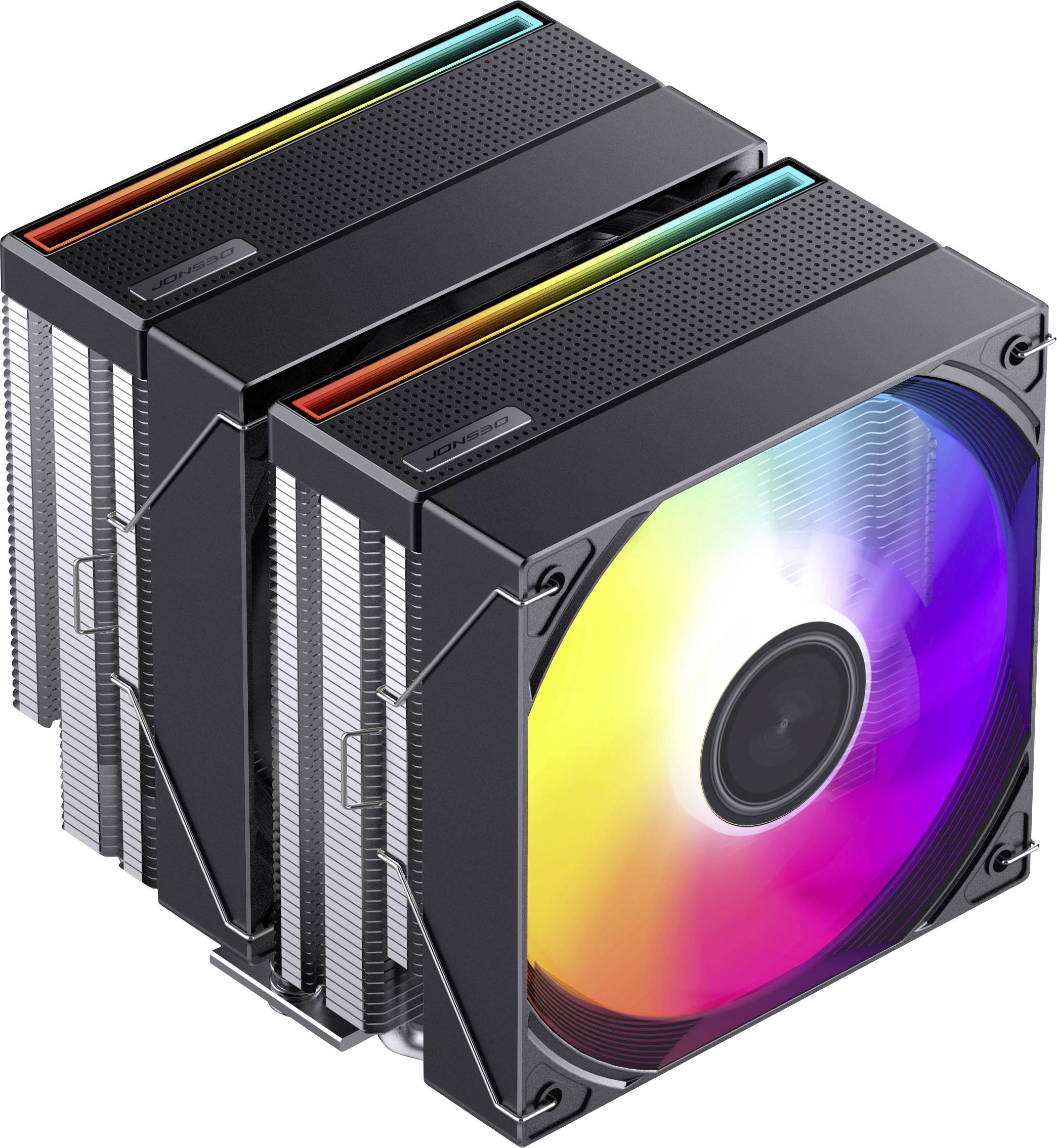 Zwei schwarze Tower-PC-CPU-Kühler mit gestapelten Aluminium-Lamellen und regenbogenfarbenen RGB-Ventilator-Leuchten oben und vorne.