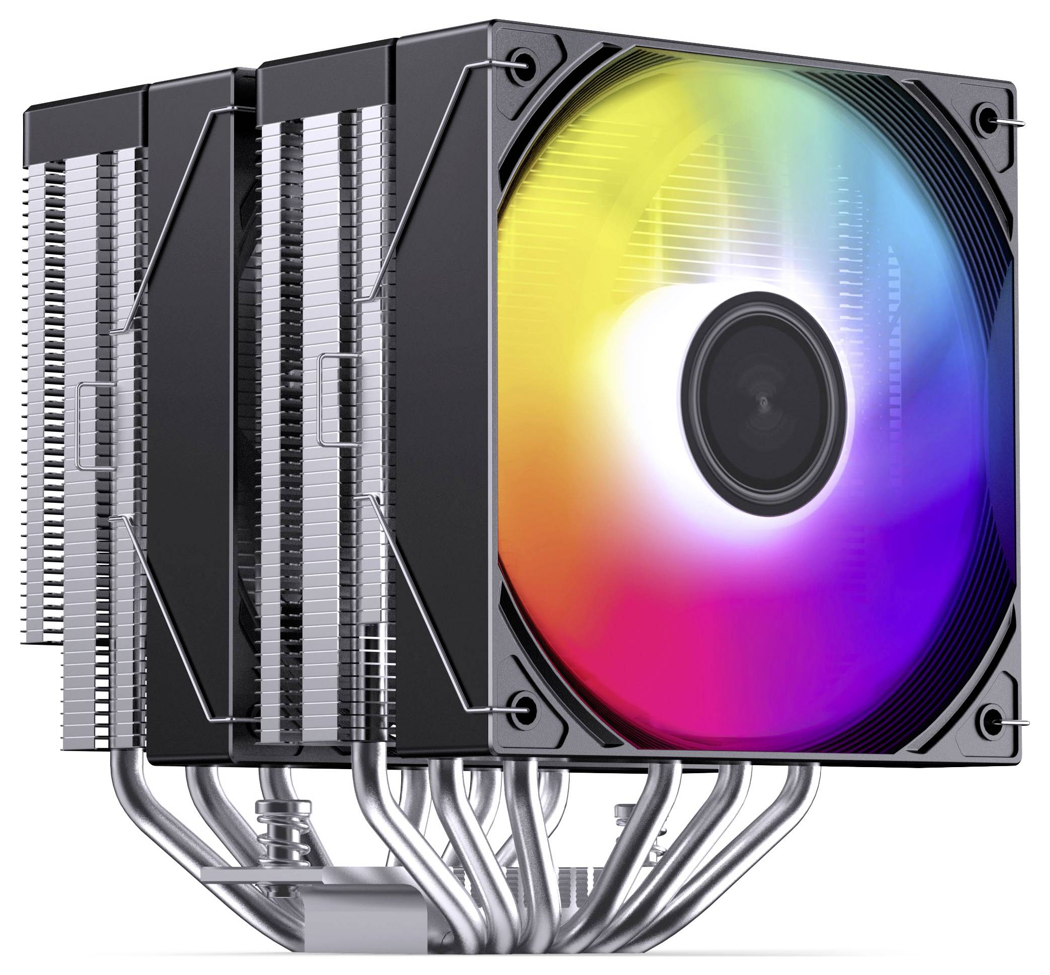Computerkühlkörper für CPUs mit regenbogenfarbenem RGB-Lüfter und mehreren Metallwärmerohrverbindungen, die an gestapelten Aluminiumnuten angebracht sind.