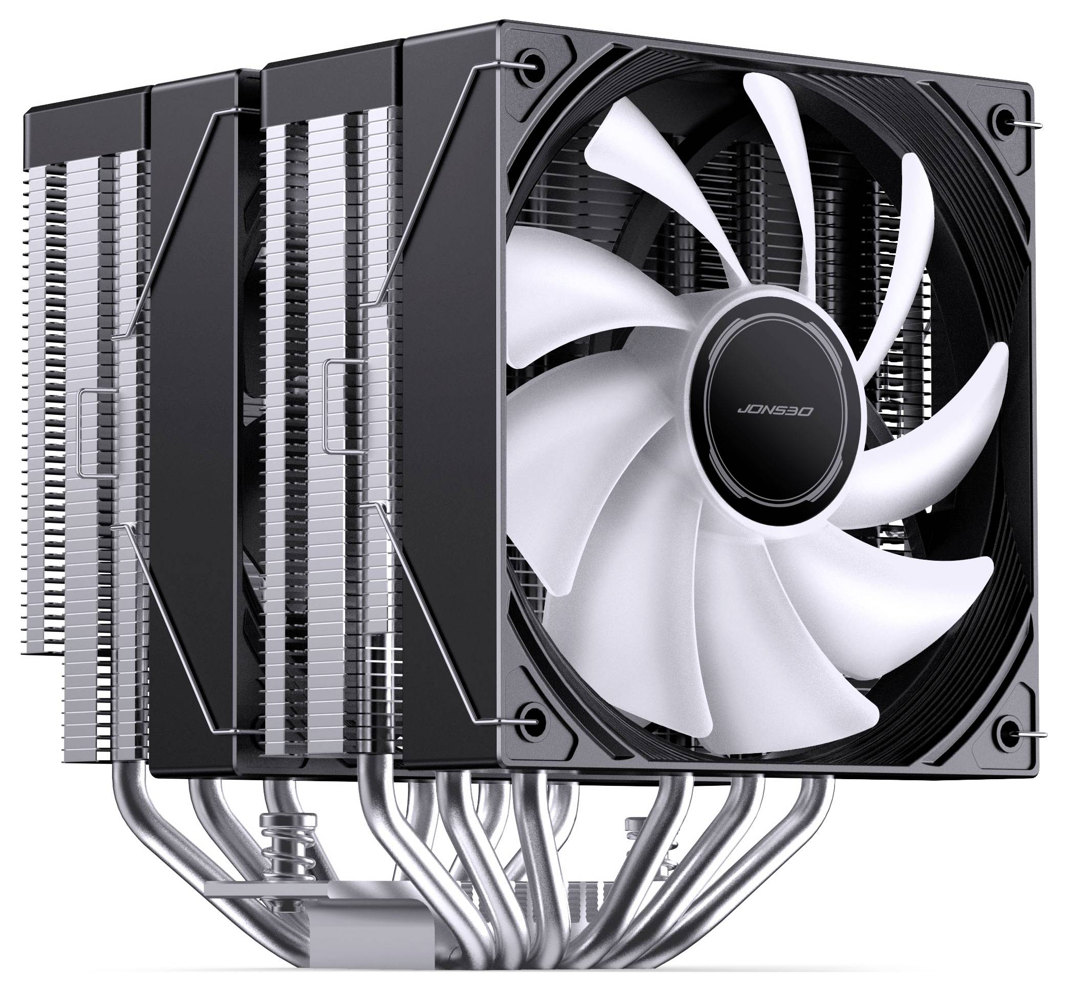 Schwarzer CPU-Luftkühler-Kühlkörper mit großem weißem Lüfter und mehreren Wärmerohr auf weißem Hintergrund.
