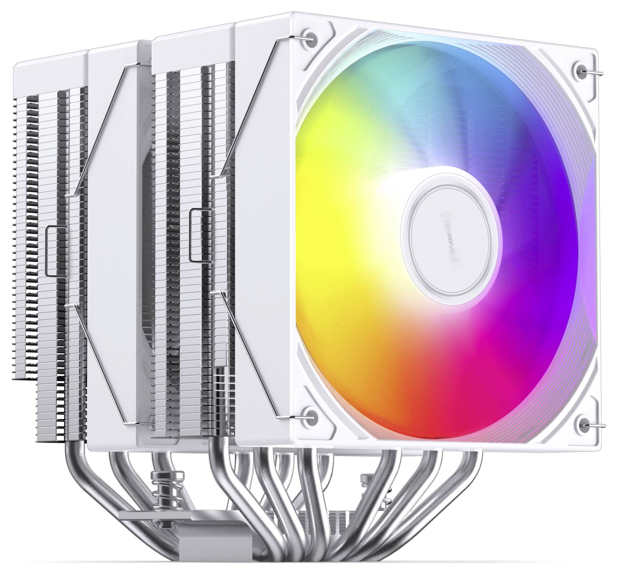 Ein Computer-CPU-Kühler mit zwei gestapelten Kühlkörpern und einem großen RGB-beleuchteten Lüfter auf der rechten Seite, der mehrere Wärmerohe darunter zeigt.