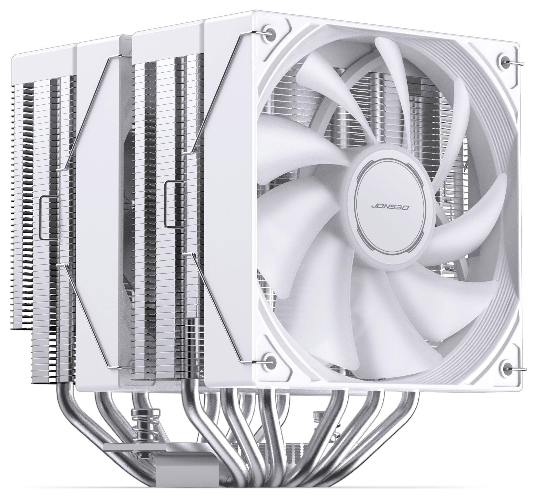 Weißer CPU-Luftkühler mit großem Frontlüfter, Lamellenstapel und Wärmerohr, gezeigt auf einfachem Hintergrund.