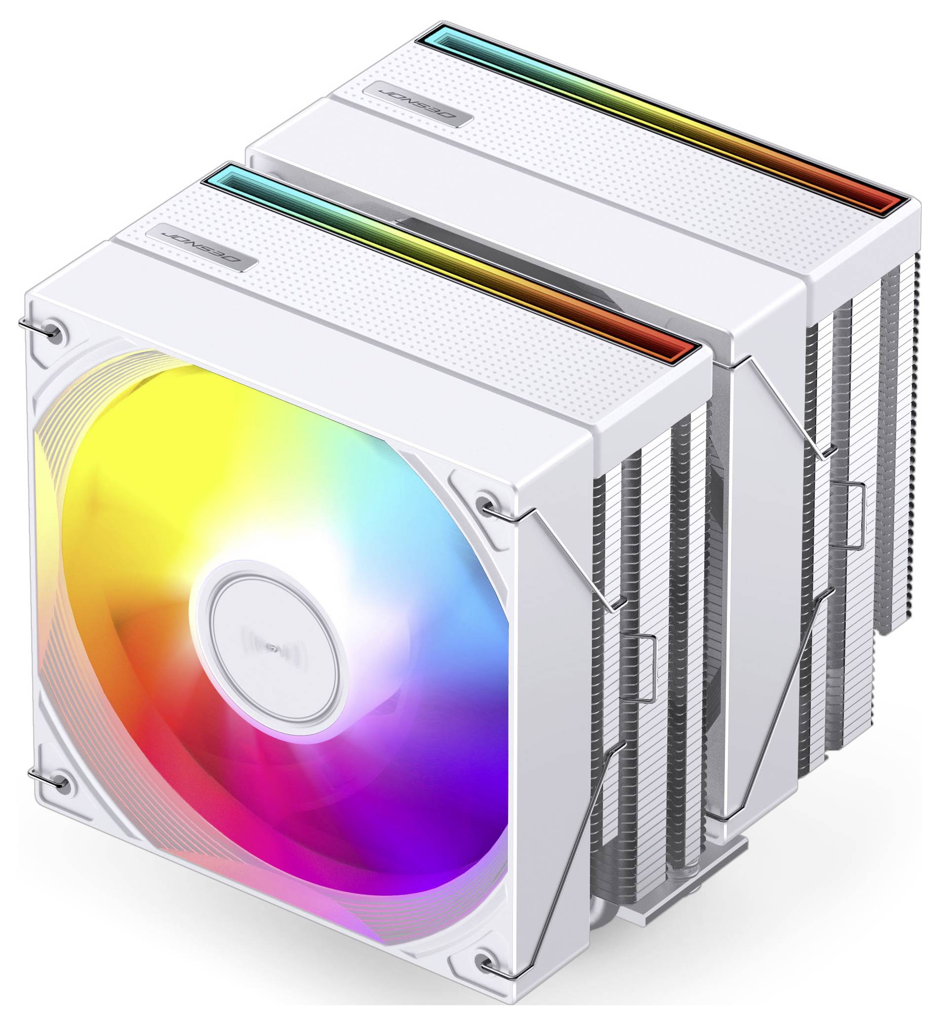 Zwei weiße Computer-Kühleinheiten mit regenbogenfarbig beleuchteten Lüftern und oberen Leuchtleisten, dargestellt in einem gestapelten industriellen Design.