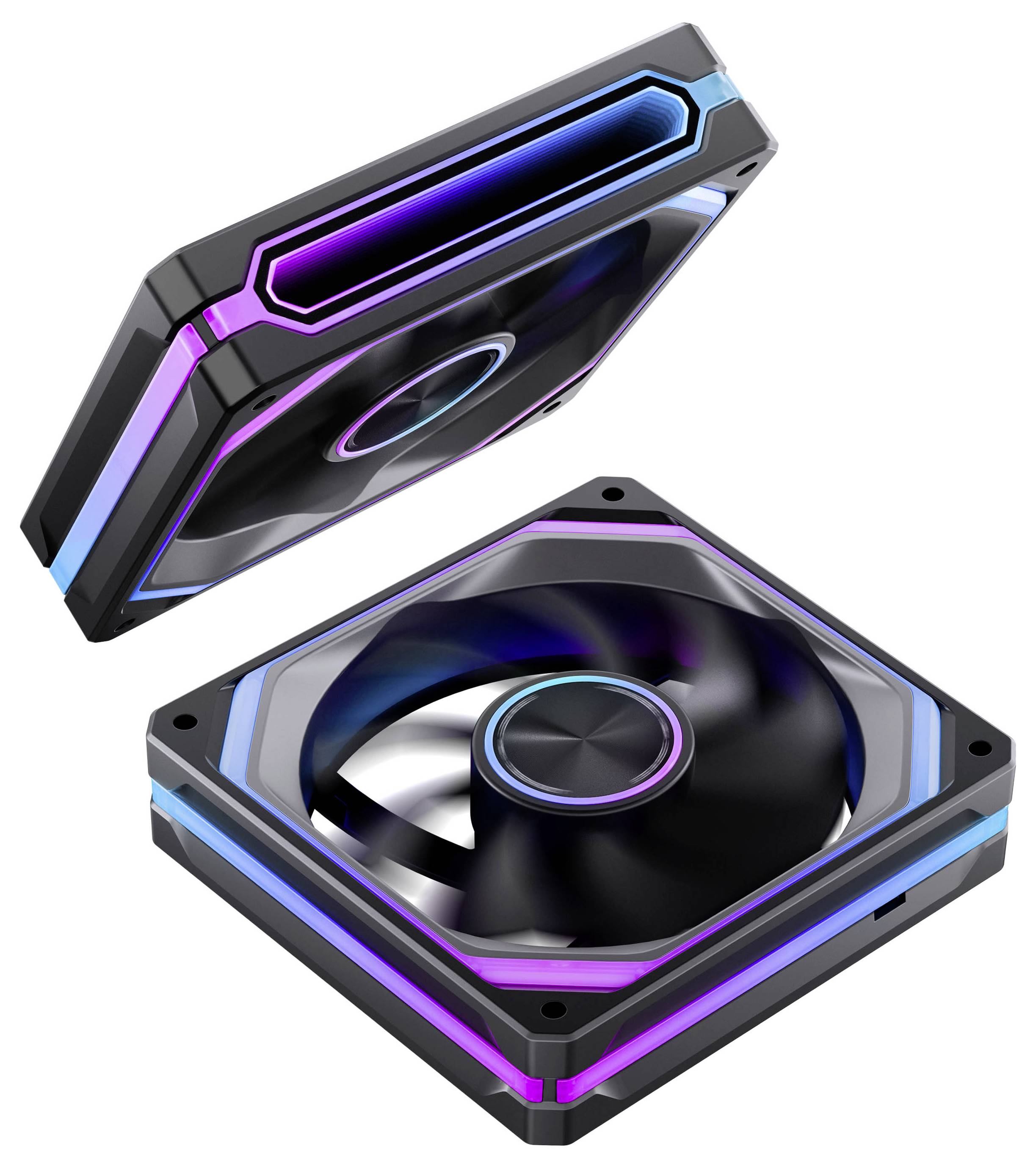 Zwei RGB-beleuchtete PC-Kühlventilatoren in verschiedenen Winkeln dargestellt, mit schwarzen quadratischen Rahmen und leuchtenden blauen und violetten Kanten auf weißem Hintergrund.