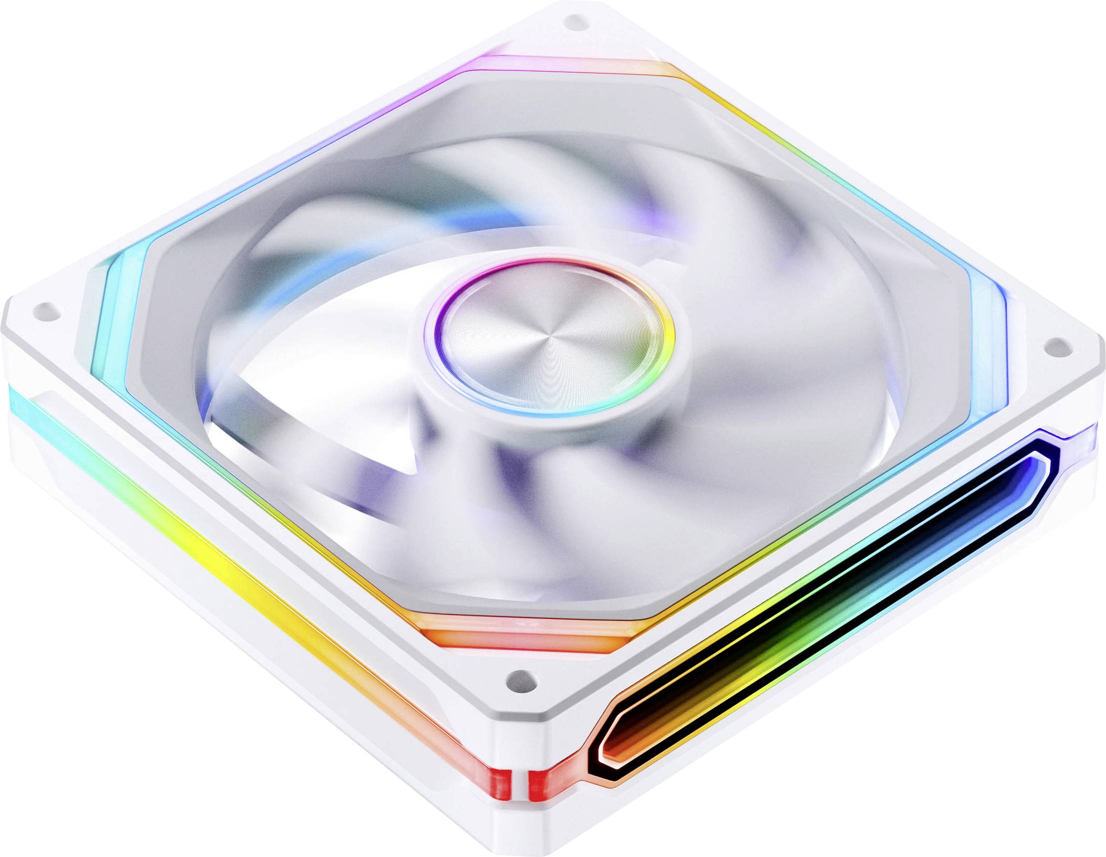 Ein weißes quadratisches RGB-Computerkühllüfter mit einer drehbaren durchscheinenden Schaufel und regenbogenfarben beleuchteten Kantenakzenten.