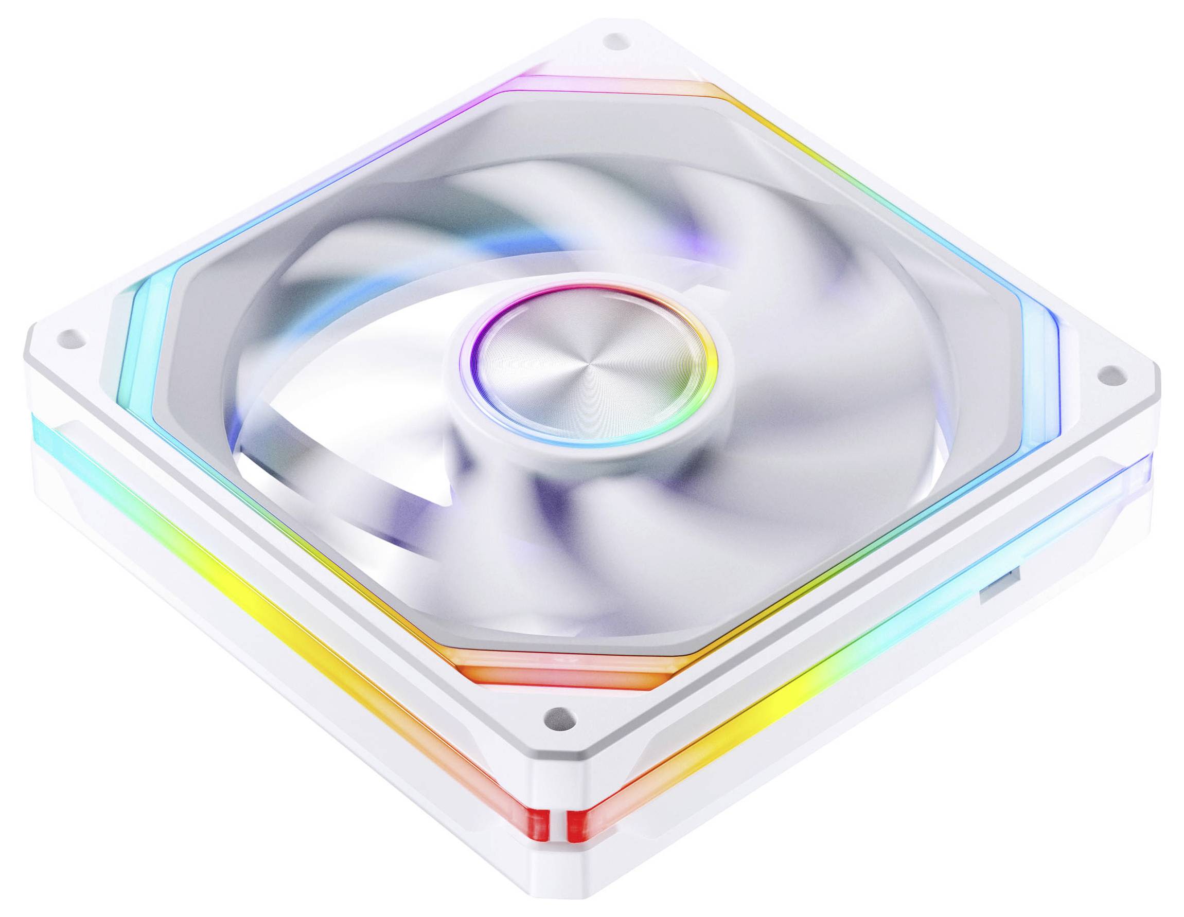 Ein quadratischer RGB-Computerlüfter mit transparentem weißem Rahmen und rotierenden Flügeln, dargestellt auf weißem Hintergrund.