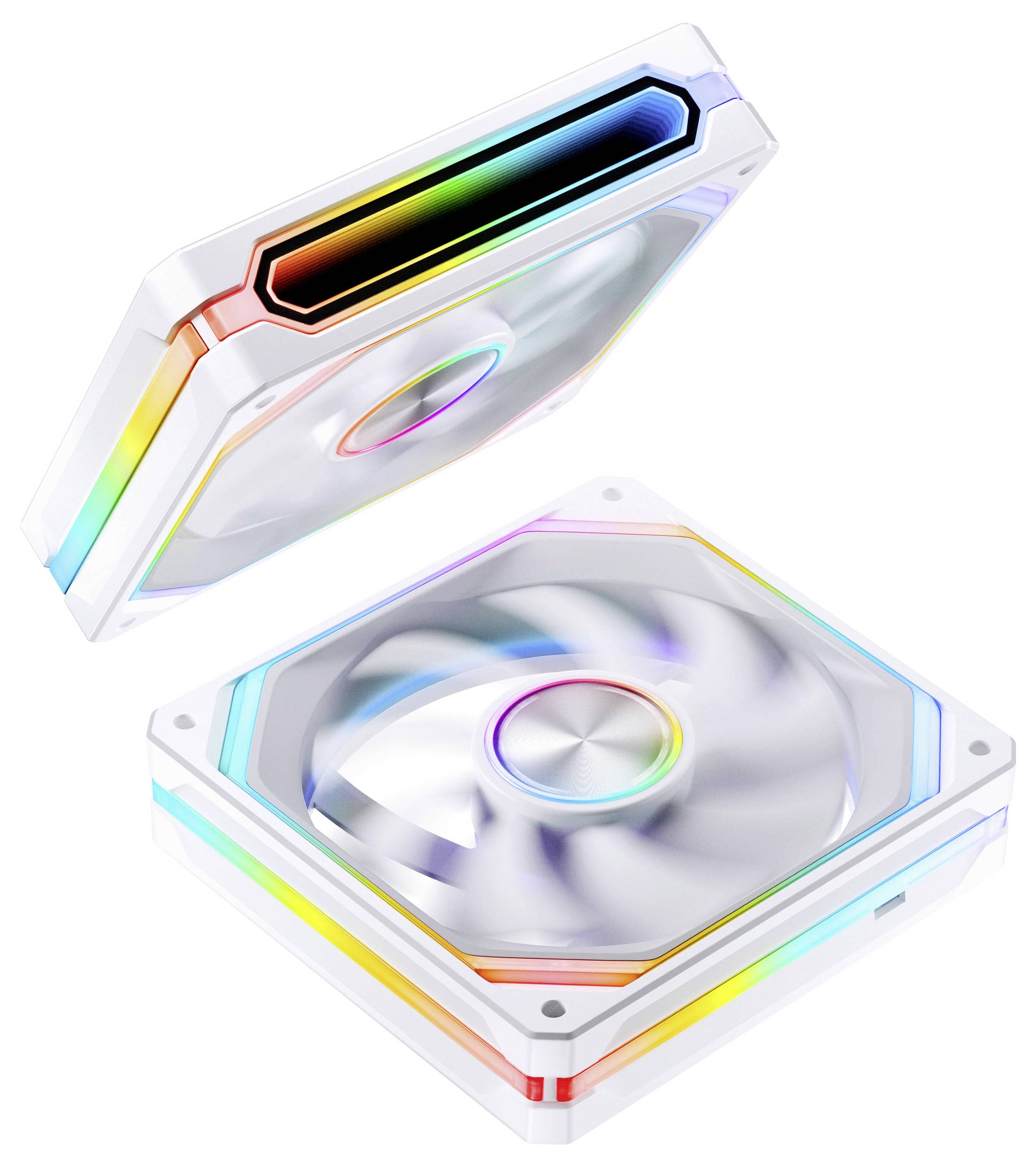 Zwei durchscheinbare quadratische Computergehäuse-Lüfter mit regenbogenfarbig leuchtenden Rändern, einer über dem anderen angehoben, zeigen rotierende Blätter und eine zentrale Nabe.