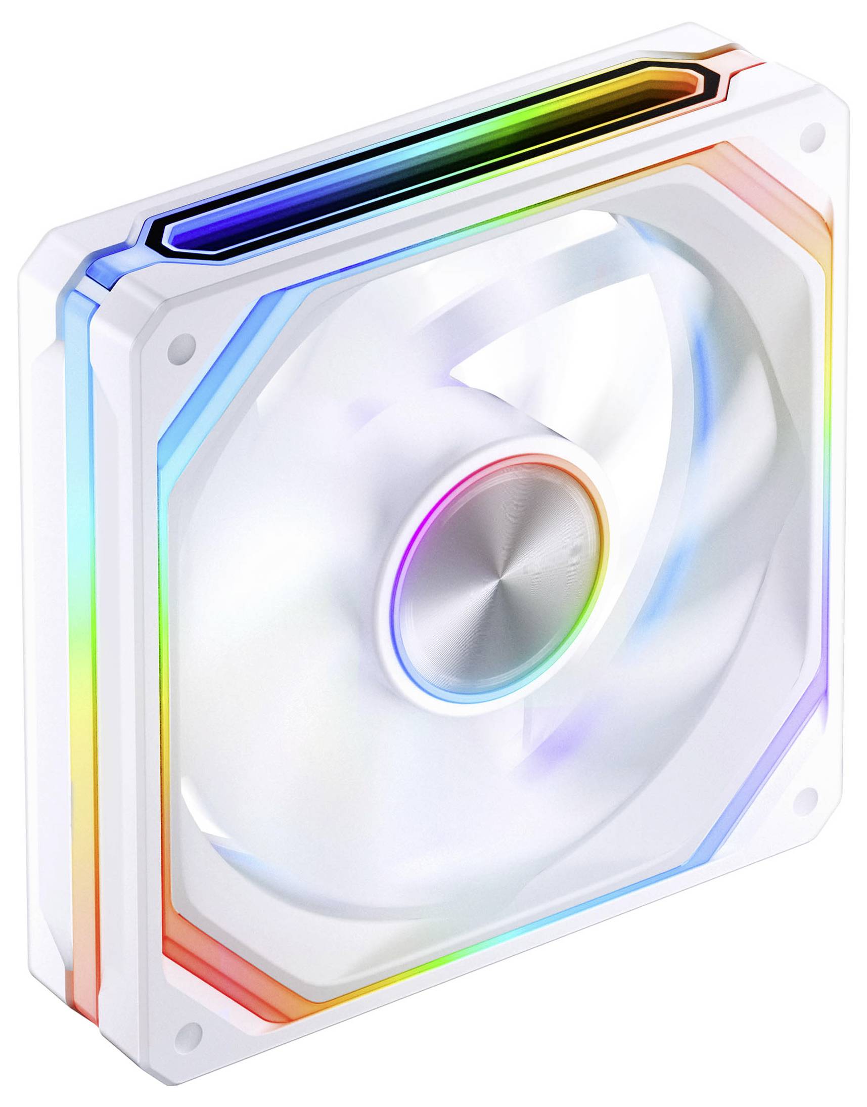 Weißer RGB-Computergehäuselüfter mit durchscheinenden Blättern und regenbogenfarbigen LED-Akzenten rund um den Rahmen und die Nabe.