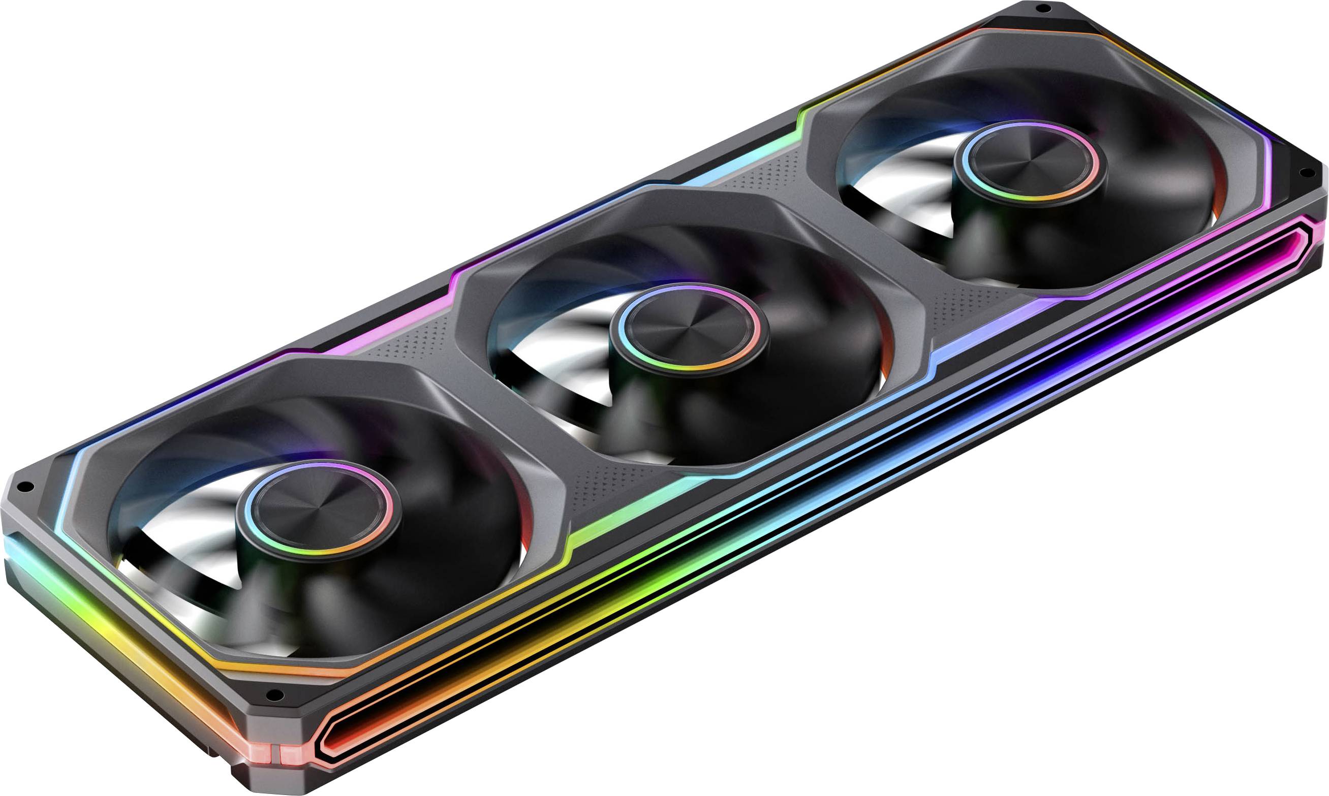 Grafikkarte mit drei Lüftern, RGB-Beleuchtung und schwarzem Kühlkörper auf weißem Hintergrund.