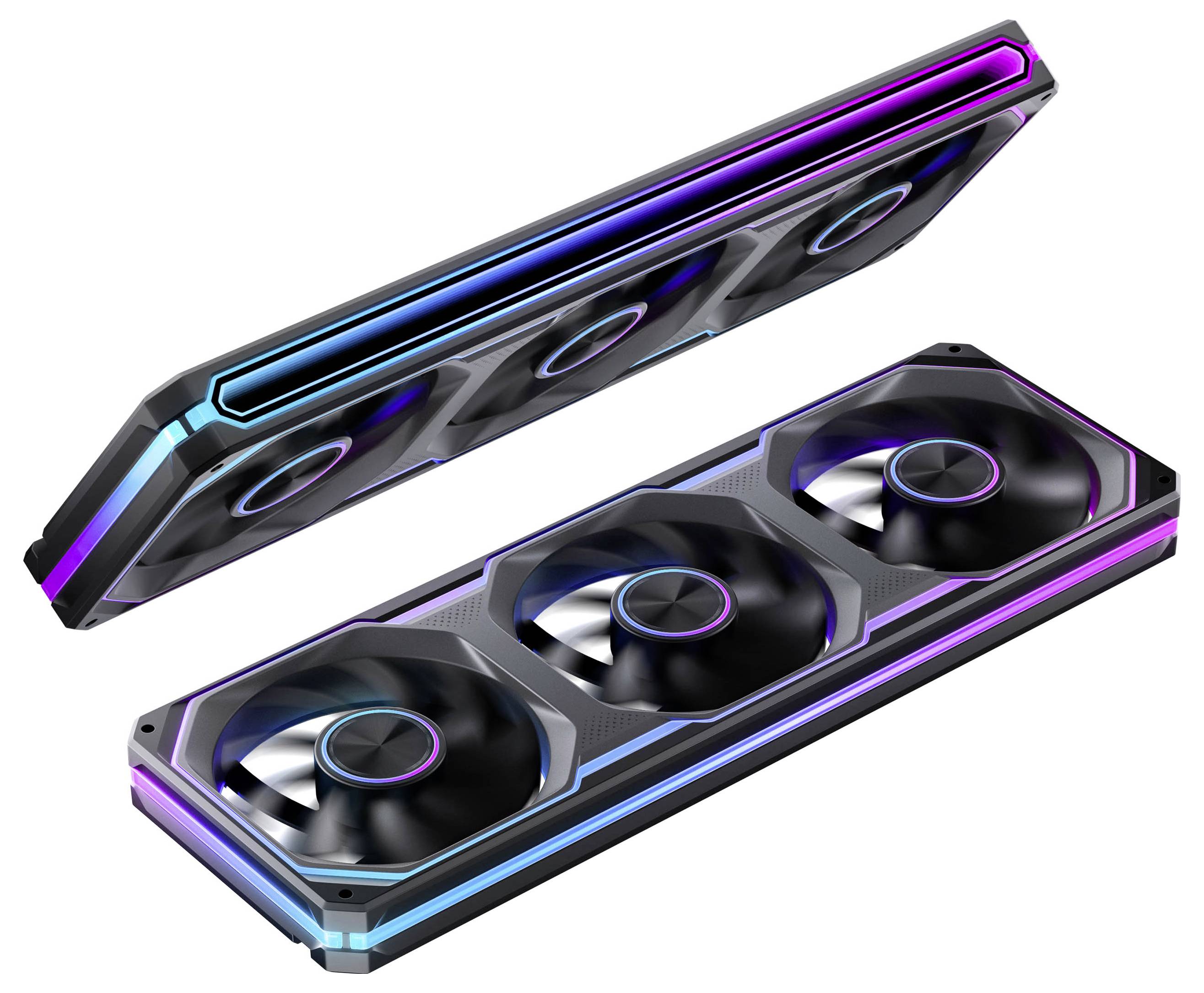 Zwei Ansichten einer schwarzen Gaming-Grafikkarte mit drei Kühlern und violett-blauer RGB-Beleuchtung, auf weißem Hintergrund dargestellt.
