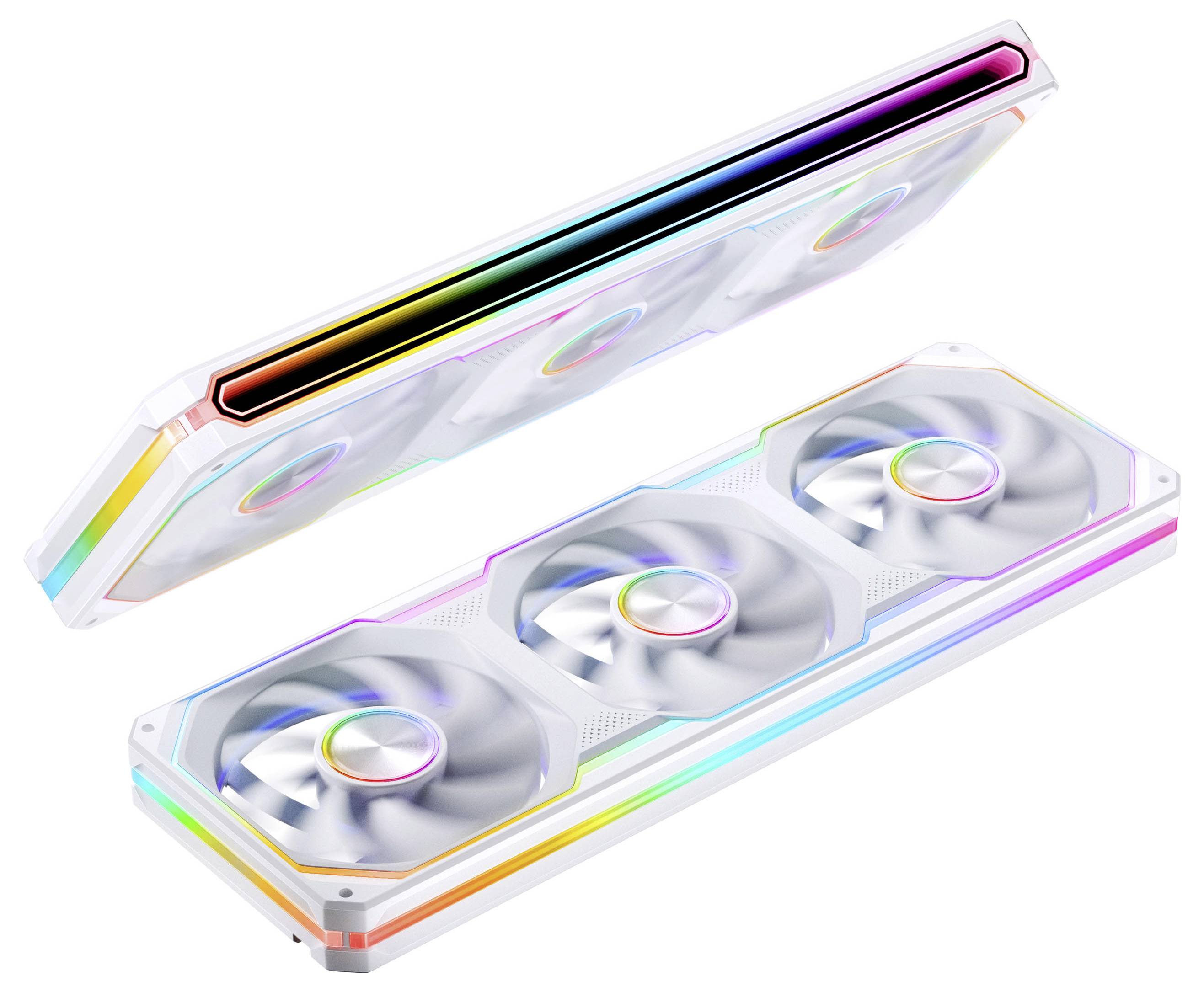 Zwei RGB-beleuchtete Computerkühlerkomponenten einzeln dargestellt, eine mit einem langen beleuchteten Balken und eine mit drei kreisförmigen Lüftern, auf weißem Hintergrund.