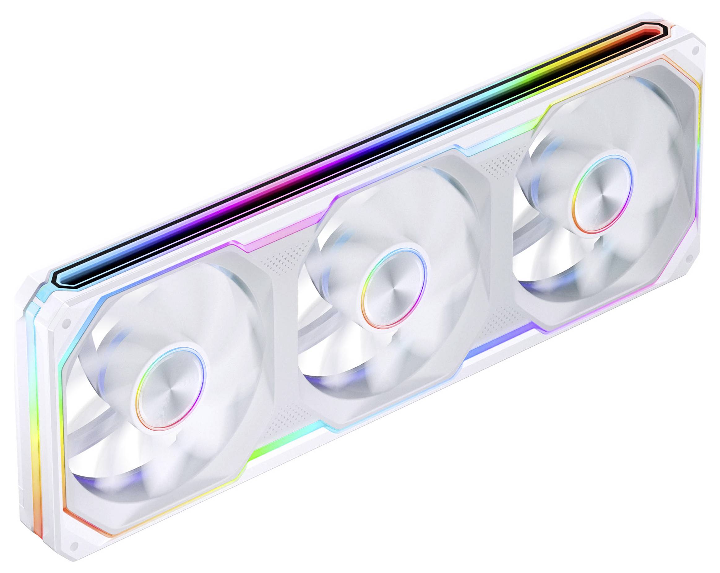 Weiße Grafikkarte mit drei Lüftern und regenbogenfarbenem RGB-Lichtstreifen entlang der Kanten, auf einfachem Hintergrund dargestellt.