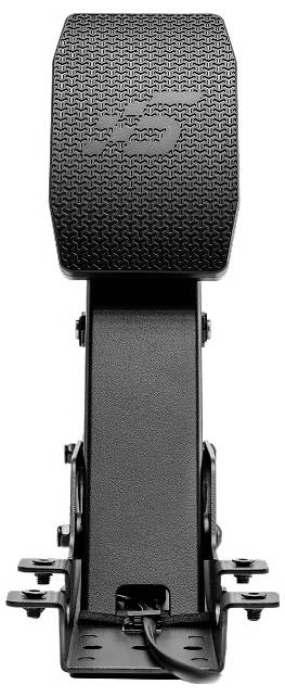 Schwarze Metall-Fußpedalanordnung mit strukturierter Oberseite und seitlichen Befestigungskonsolen, isoliert auf weißem Hintergrund dargestellt.