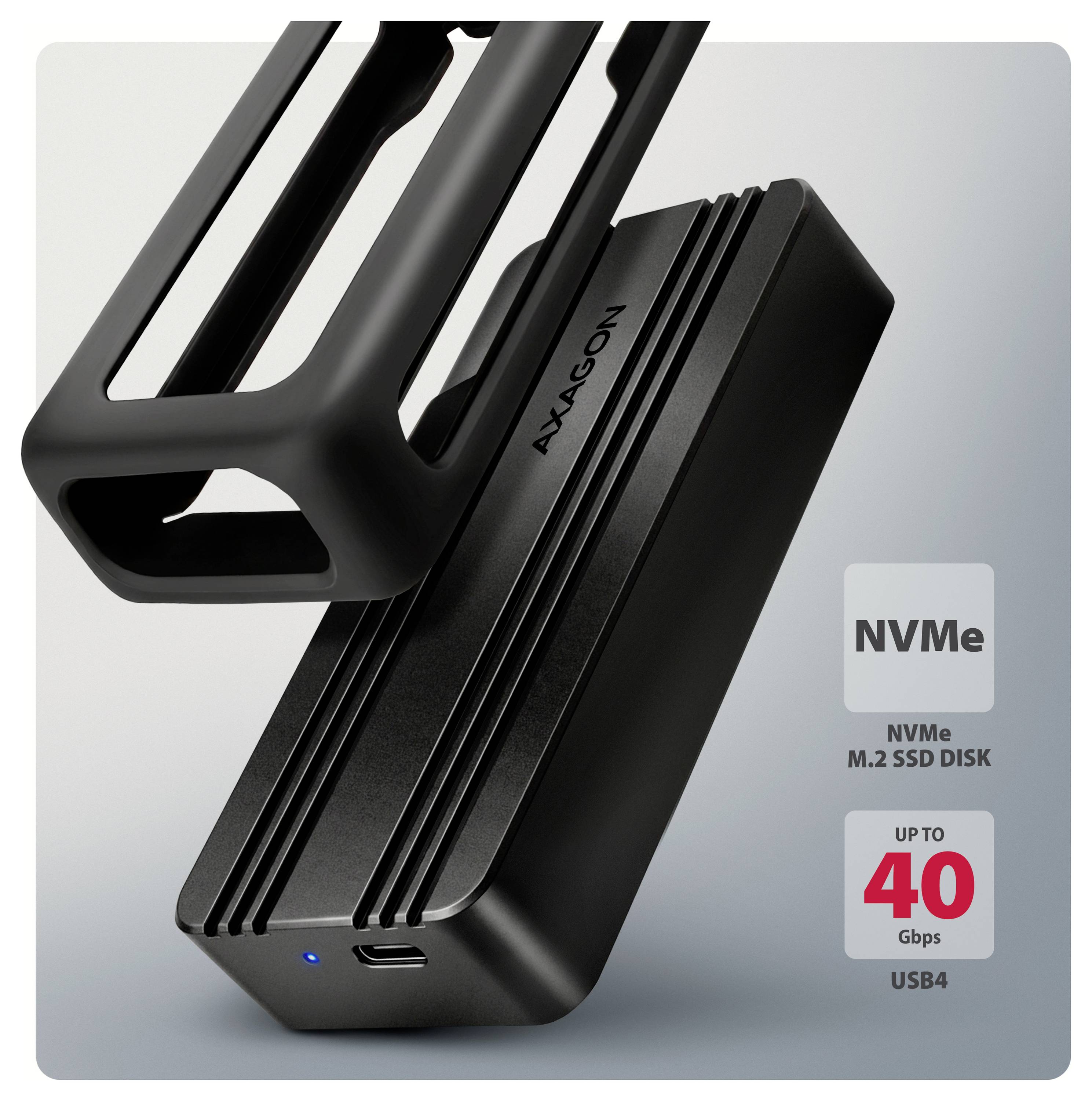 AXAGON NVMe M.2 SSD-Gehäuse mit USB4, gezeigt mit einem Laufwerkeinsatz und gekennzeichnet mit bis zu 40 Gbps.