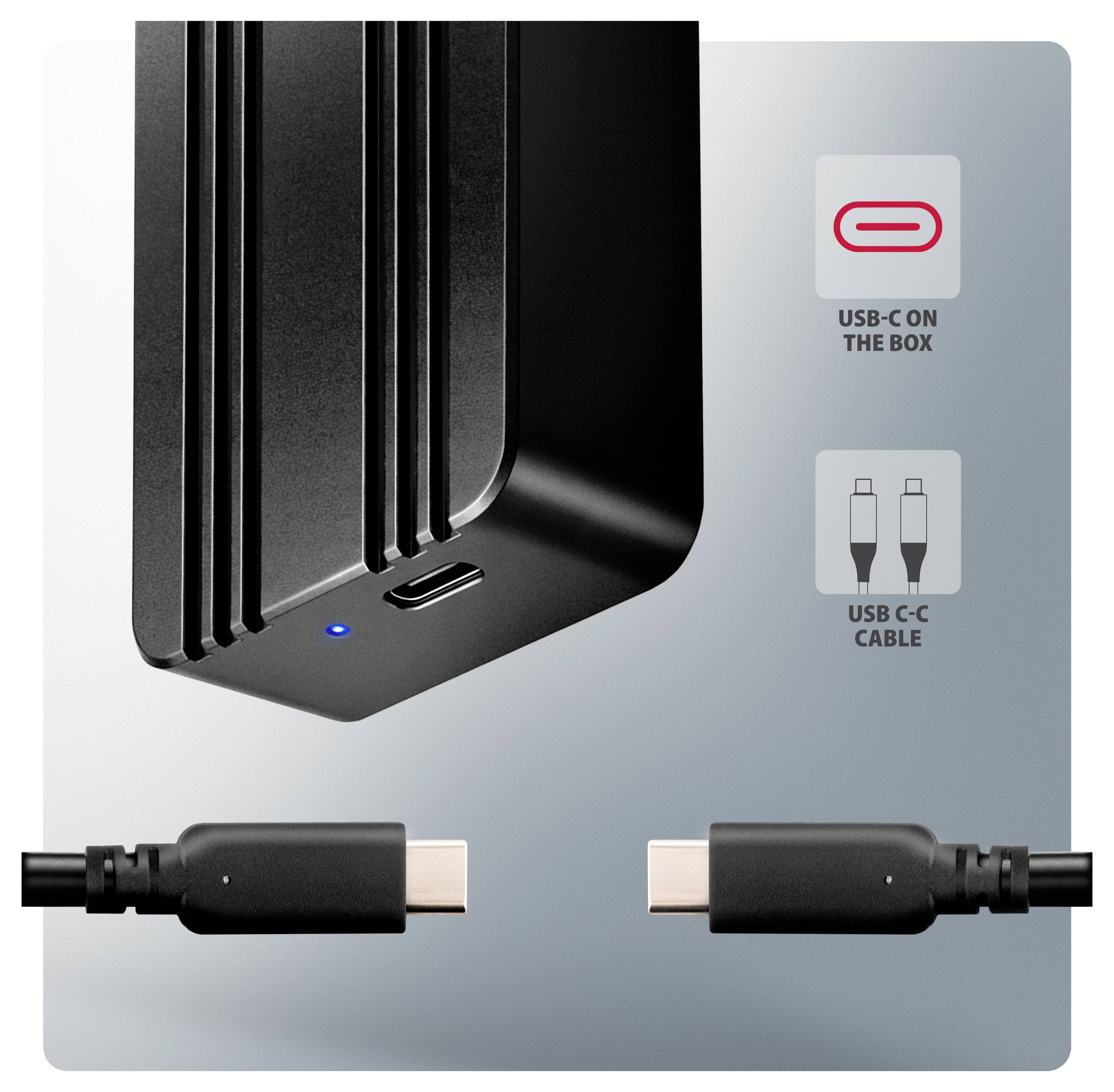USB-C-Hub oder Ladegerät mit einem USB-C-Anschluss am Gerät und USB-C-Kabelverbindern, mit Beschriftungen „USB-C AM GERÄT