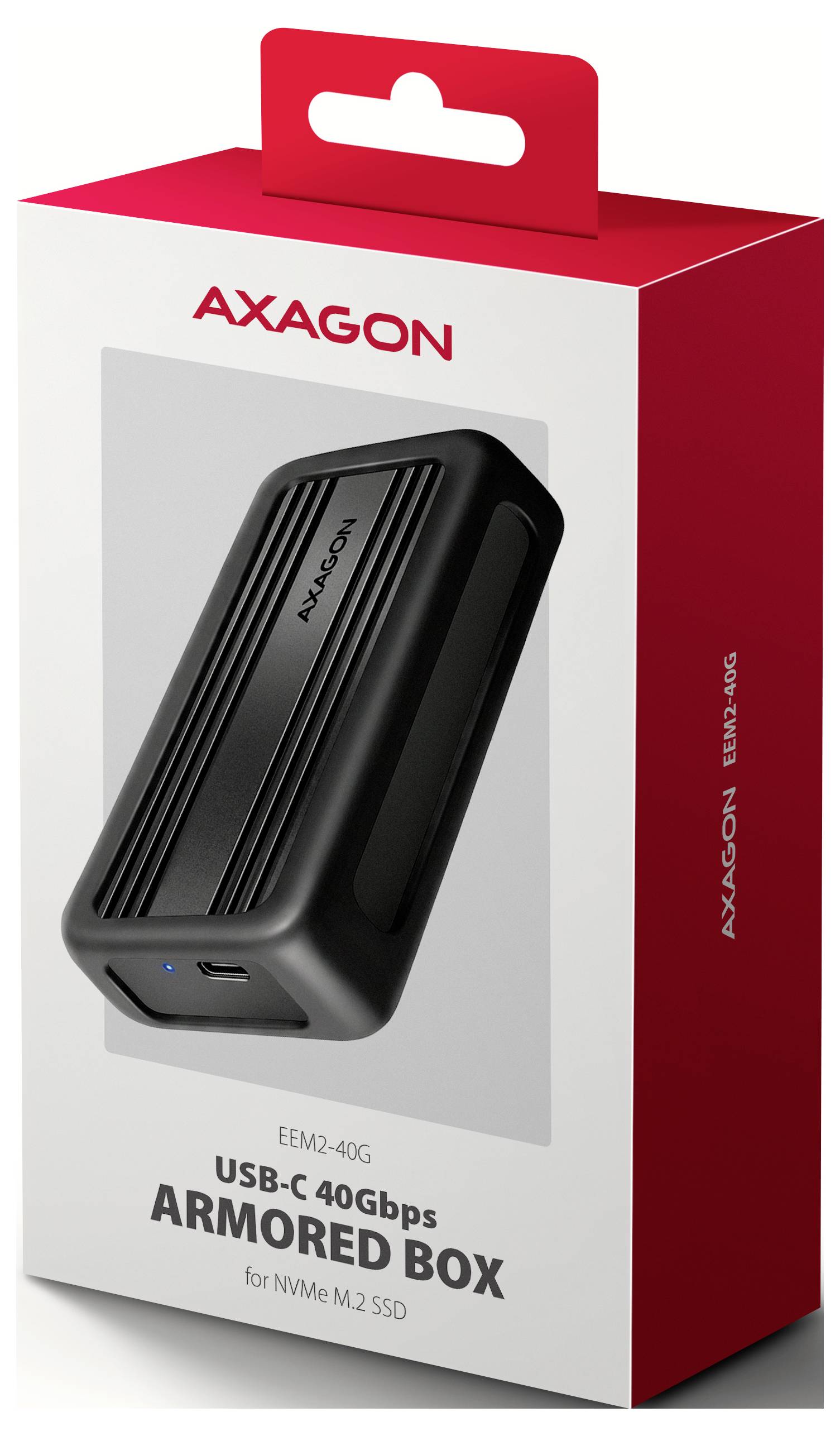 AXAGON USB-C 40Gbps Armored Box Verpackung für eine NVMe M.2 SSD, die ein schwarzes externes Gehäuse auf einer rot-weißen Einzelhandelsschachtel zeigt.
