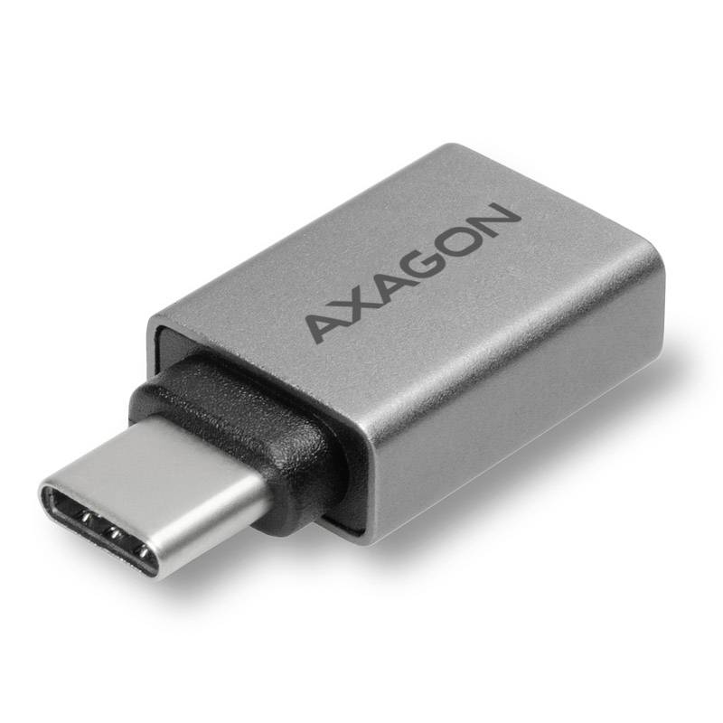 Axagon USB-C-Adapter-Dongle mit silberfarbenem Metallgehäuse und schwarzer Spitze, gezeigt auf weißem Hintergrund.