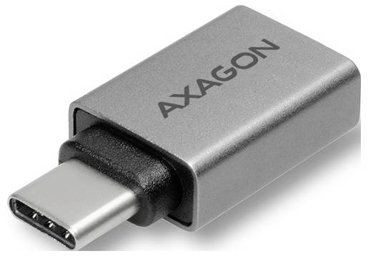 Silber-AXAGON USB-C-Adapter-Dongle mit schwarzem Stecker auf weißem Hintergrund