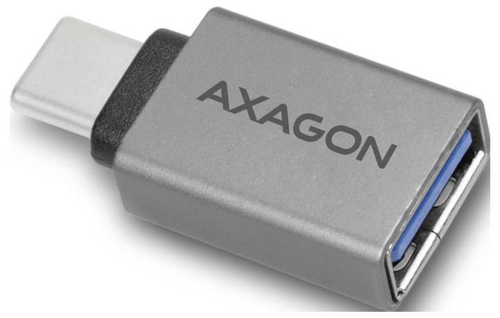 AXAGON USB-C auf USB-A Adapter-Dongle, grau mit schwarzem Akzent und blauem USB-Port-Innenraum.