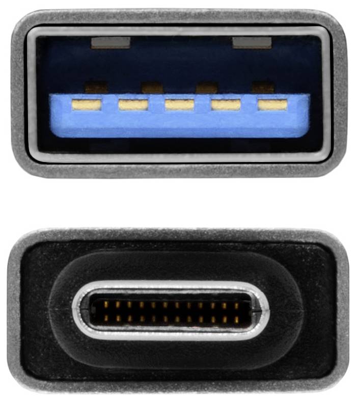Nahaufnahmevergleich von zwei USB-Anschlüssen: oben ein USB-A-Buchsenanschluss mit blauem Einsatz, unten ein USB-C-Anschluss, beide in Frontansicht dargestellt.
