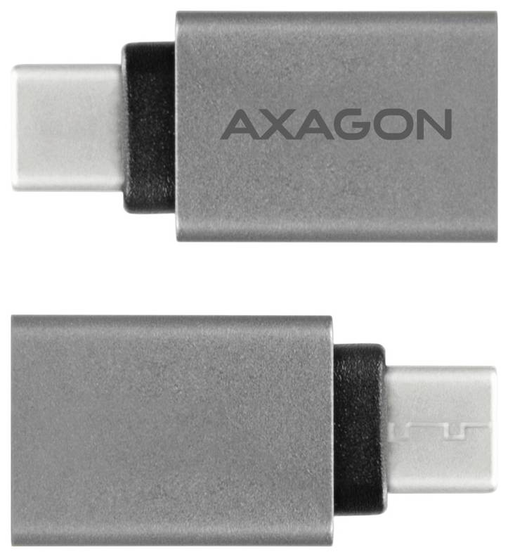 Zwei Ansichten eines AXAGON USB-C-Adapters oder Dongles, gezeigt vor einem weißen Hintergrund, mit dem USB-C-Anschluss an jedem Ende sichtbar.