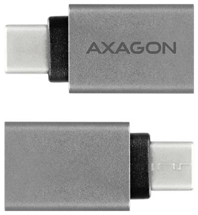 Zwei Ansichten eines silbernen AXAGON USB-C-Adapters, die den Stecker an jedem Ende zeigen.
