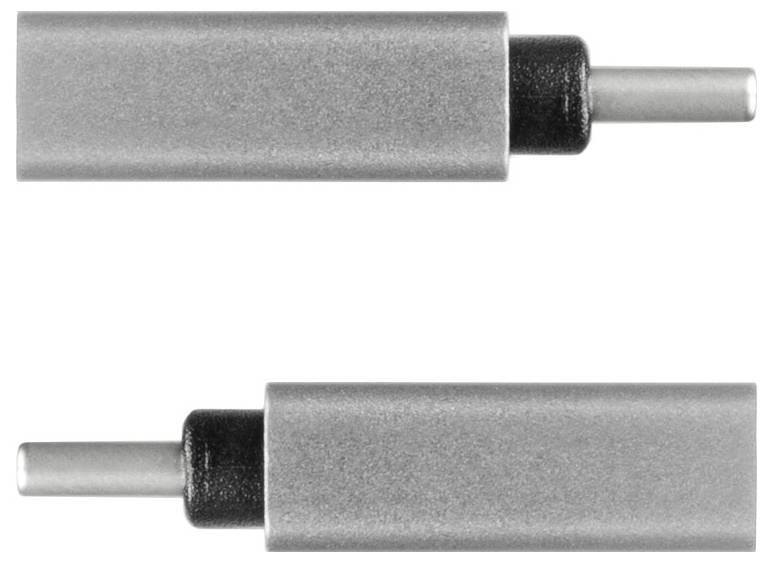 Zwei silberne zylindrische Stecker, die horizontal auf weißem Hintergrund angezeigt werden, einer oben und einer unten, jeder mit einem kurzen vorstehenden Stecker an einem Ende.