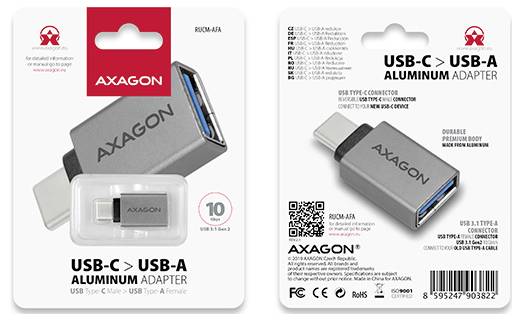 Axagon USB-C zu USB-A Aluminium-Adapter auf Einzelhandelsverpackung dargestellt, mit Produktbild und Beschriftungen für USB 3.1 Typ-C zu Typ-A Verbindung.