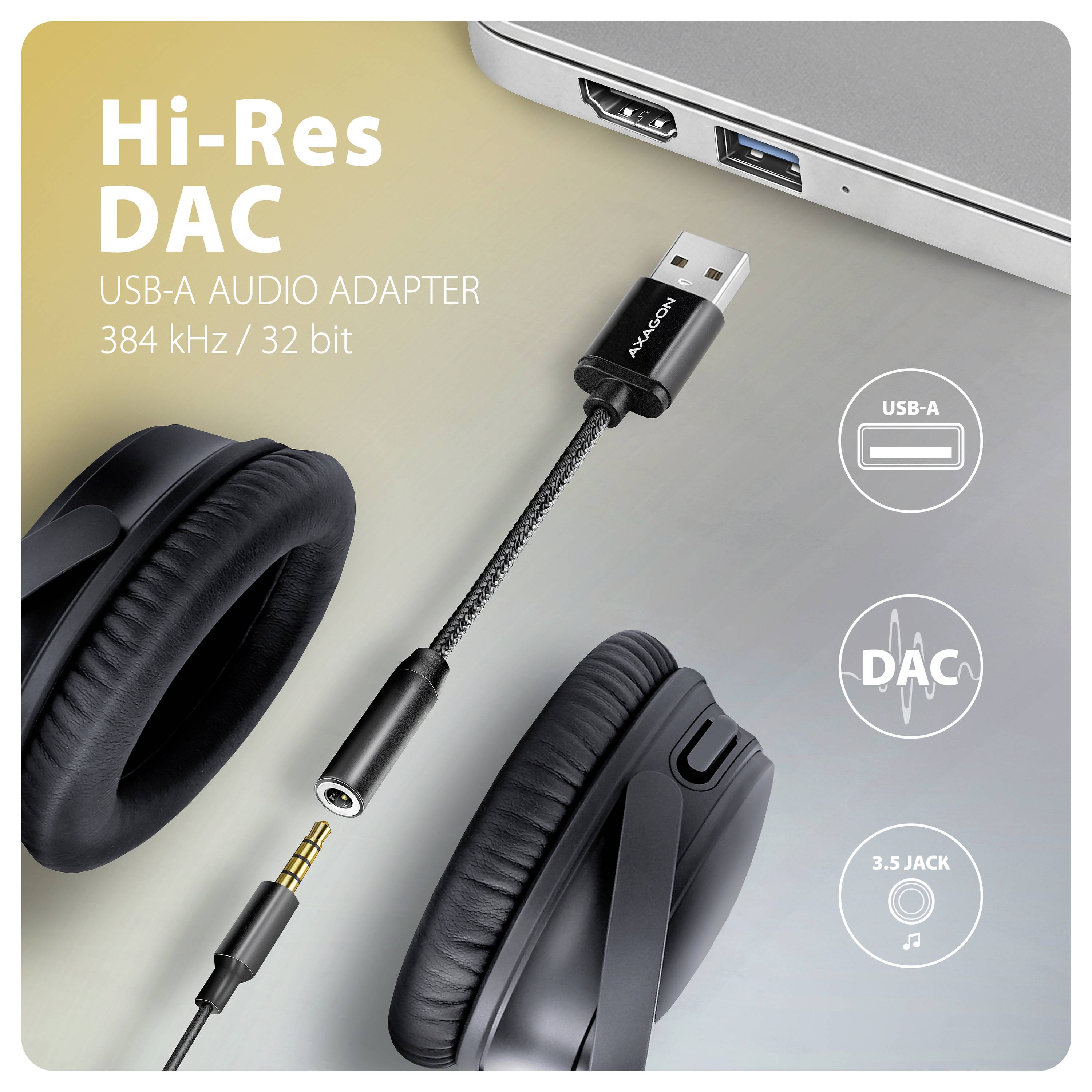 Werbegrafik für einen Hi-Res DAC USB-A Audio-Adapter, gekennzeichnet mit 384 kHz/32 Bit, zeigt die Verbindung von USB zu 3,5-mm-Kopfhörern und einem Laptop-Anschluss.