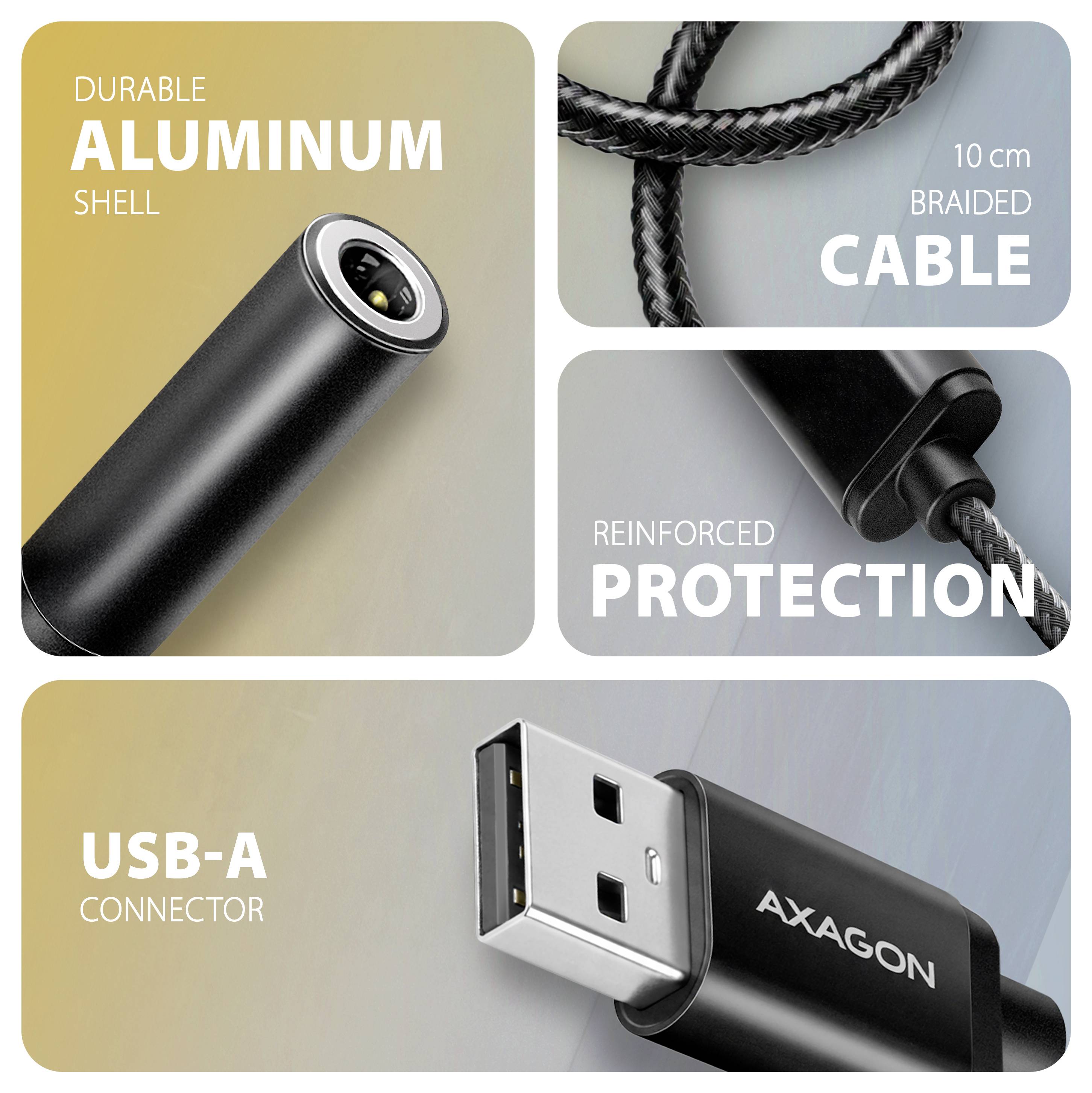 Produktwerbegrafik mit einem schwarzen AXAGON USB-A-Kabel mit strapazierfähiger Aluminium-Schale, 10 cm Geflechtekabel und verstärktem Schutz.