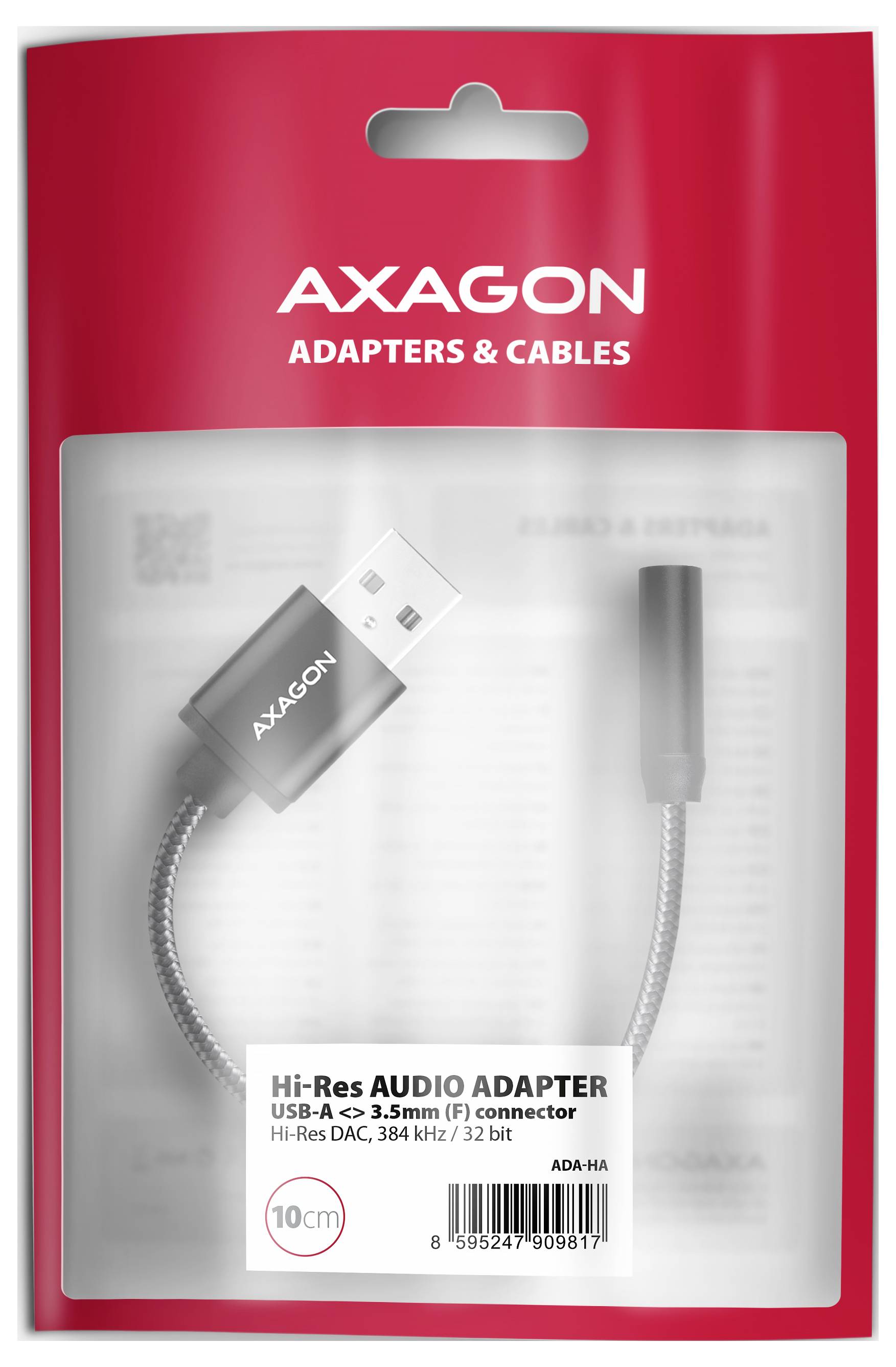 Axagon 'Hi-Res Audio Adapter' USB-A auf 3,5 mm F-Stecker Kabel, 10 cm, in Einzelhandelsverpackung.