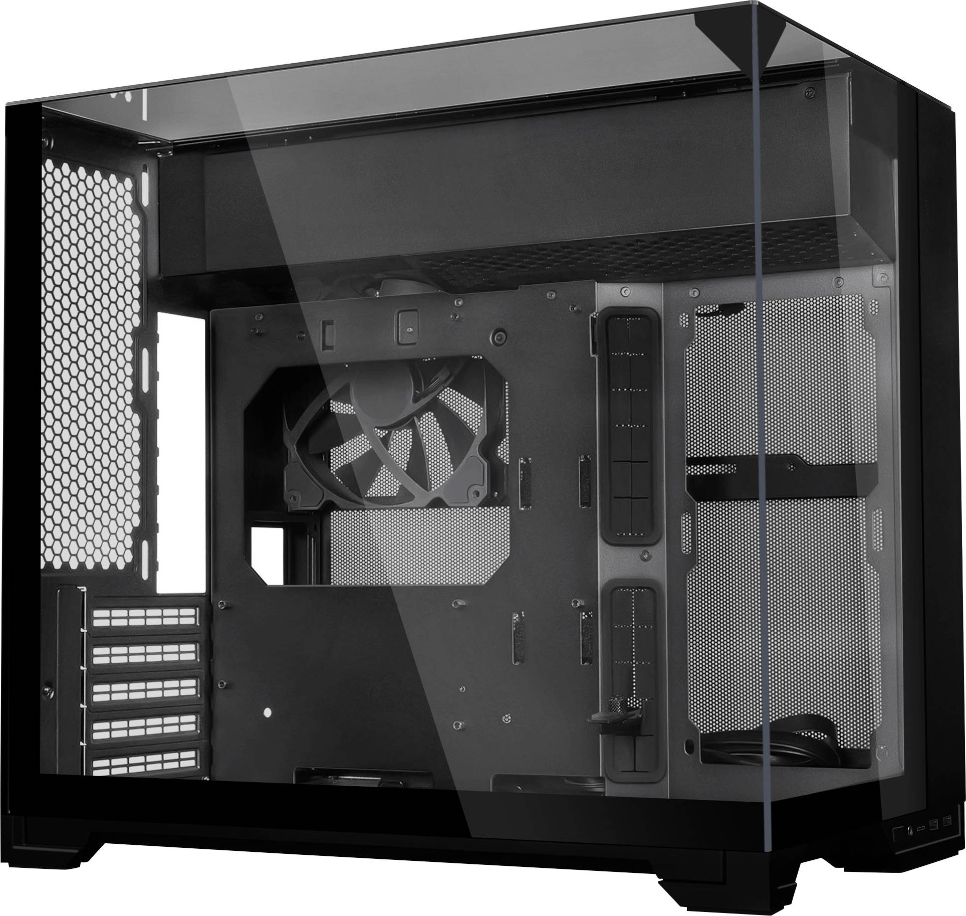 Schwarzes gehärtetes Glas PC-Gehäuse mit Mesh-Belüftung, zeigt interne Montageflächen und hinteren Lüfterbereich für Computerkomponenten