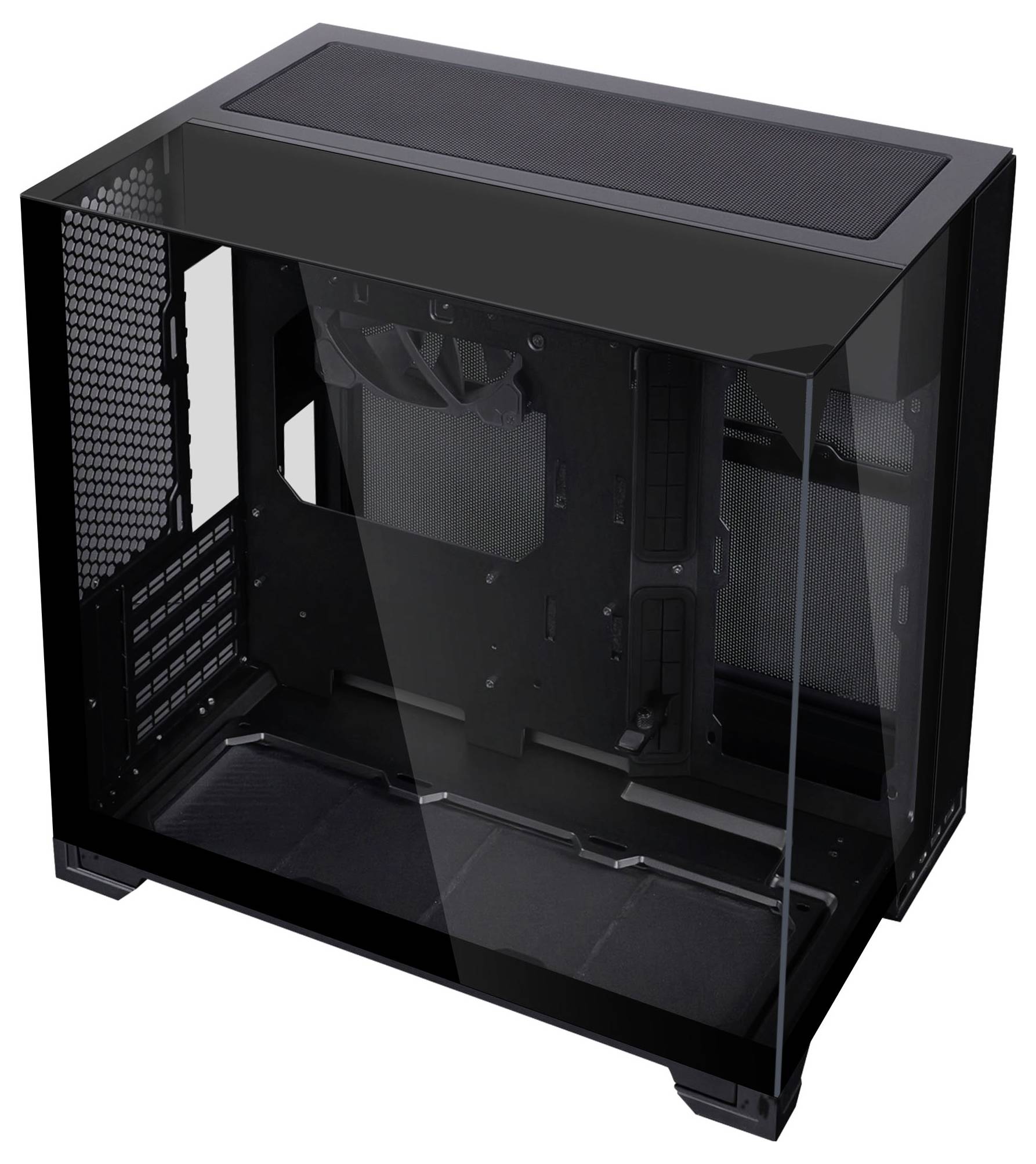 Leeres schwarzes Computer-Gehäuse mit gehärtetem Glasseitenpaneel und Frontpaneel, auf weißem Hintergrund dargestellt.