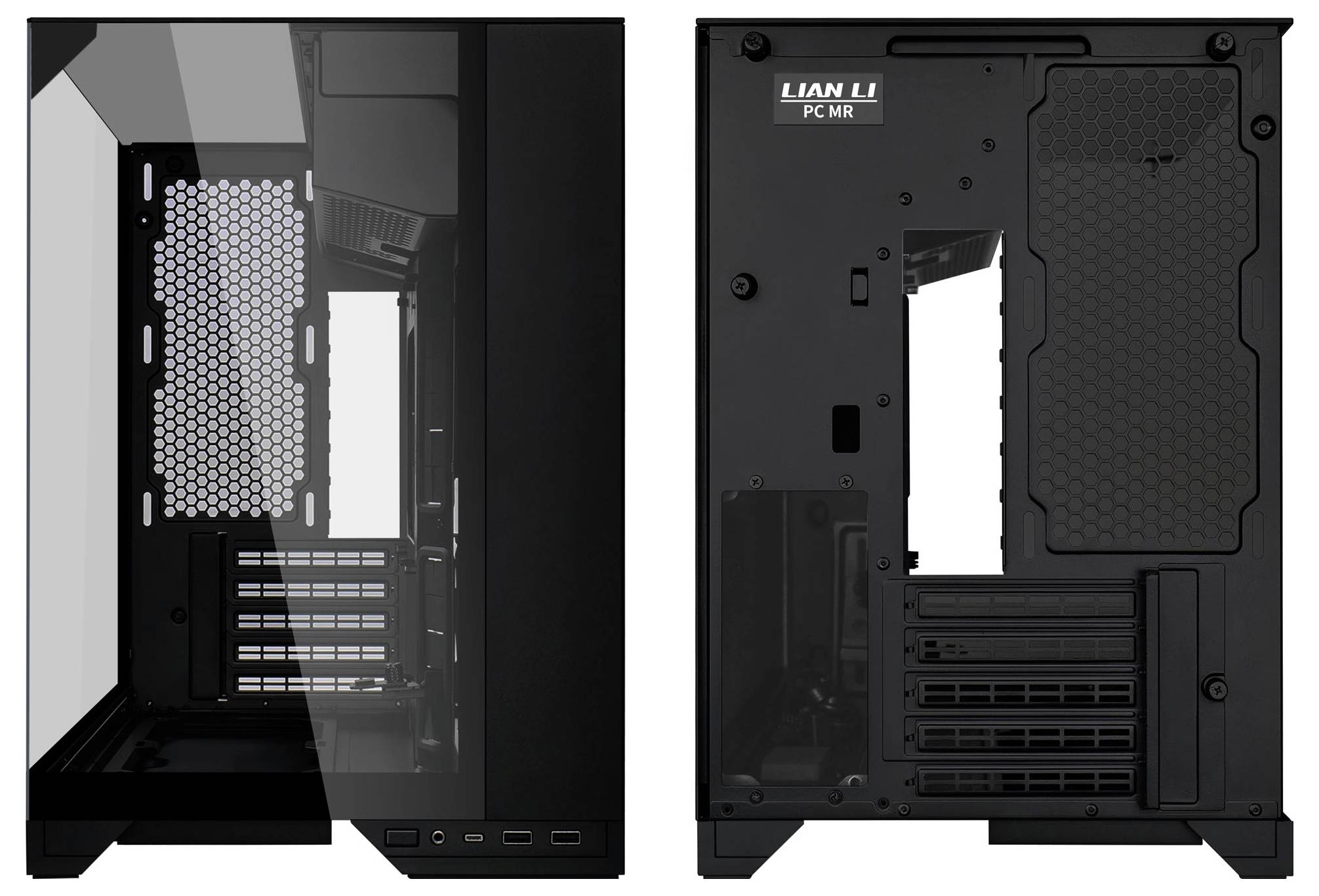 Zwei Ansichten des Inneren und der Rückseite eines schwarzen PC-Gehäuses, die das Motherboard-Tablett, Erweiterungssteckplätze, Kabelausschnitt und das obere Etikett 
