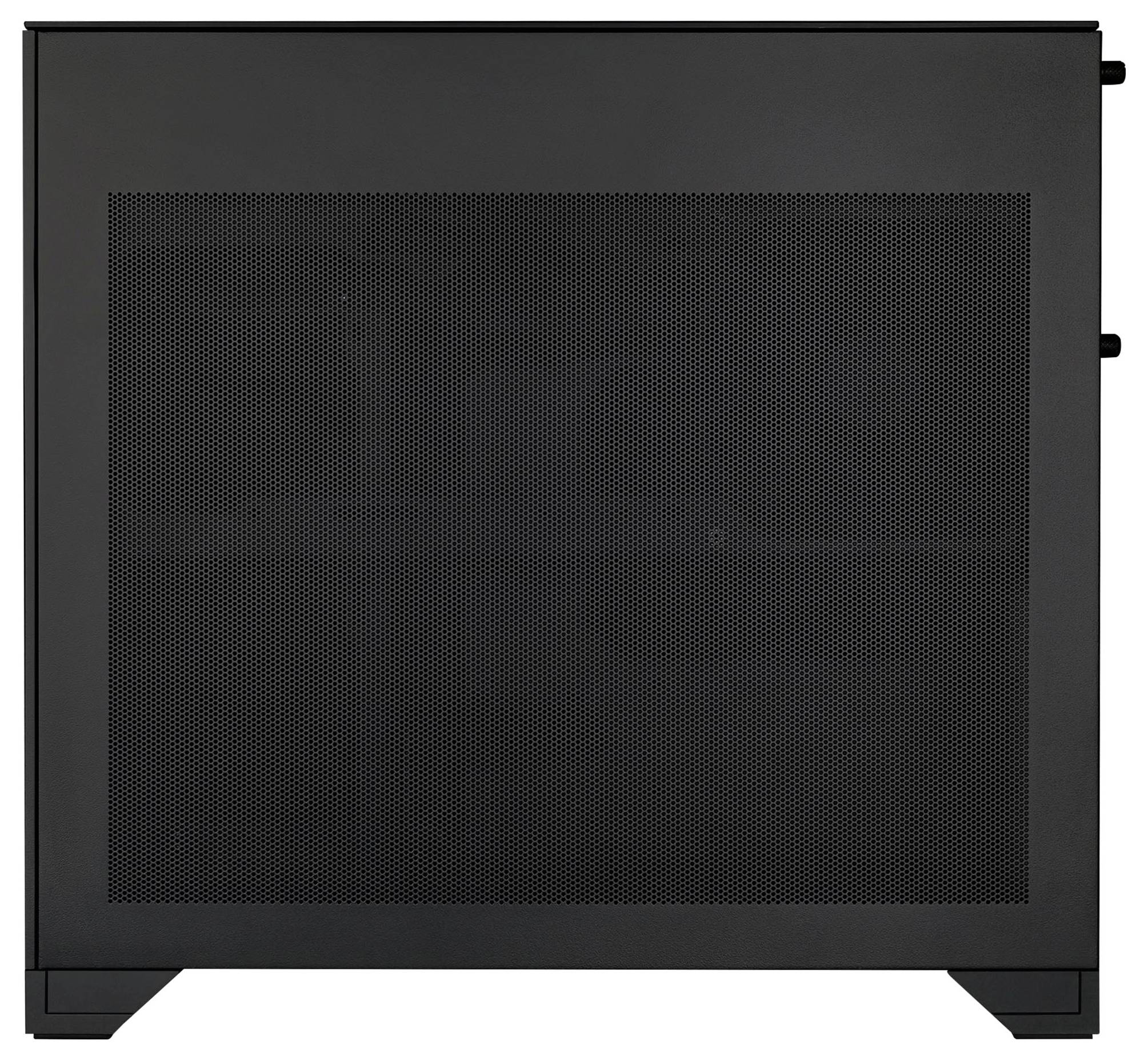 Schwarzes rechteckiges Computergehäuse mit großem gelochtem Frontpanel und kleinen Seitengriffen, gezeigt auf weißem Hintergrund.