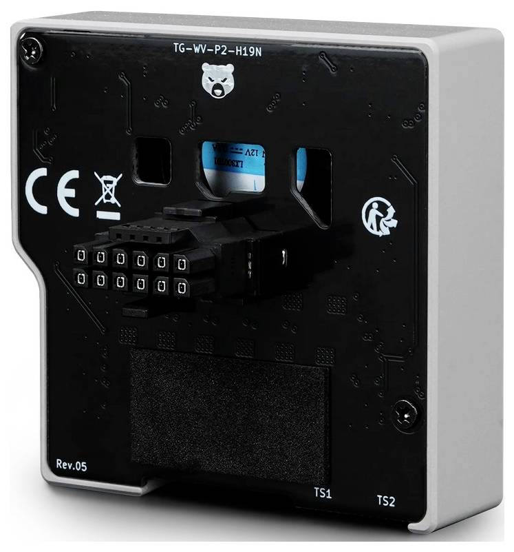 Nahaufnahme eines wandmontierten elektronischen Moduls mit schwarzer Frontplatte, Steckverbinder und Beschriftungen einschließlich 'TG-W-P2-H19N', 'Rev.05', 'TS1' und 'TS2'.
