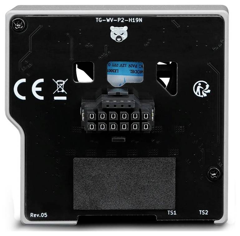 Rückansicht eines elektronischen Gerätemoduls mit einem 10-stelligen Tastenfeld-Stecker, CE- und Recycling-Symbolen sowie dem Modell-Etikett TG-WV-P2-H19N.