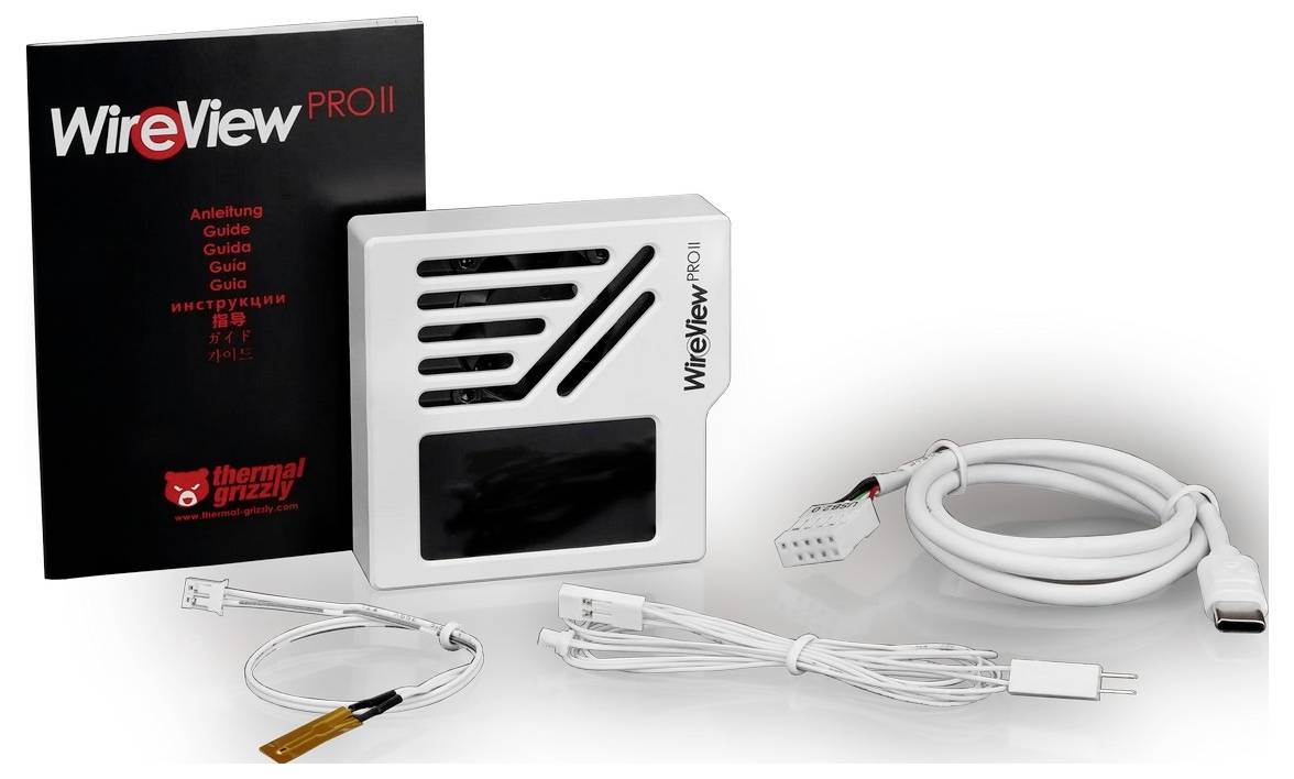 WireView PRO II Stromzähler-Set mit schwarzer Führungsbox, weißem Gerät, Kabeln und Sensorkabeln auf weißem Hintergrund.