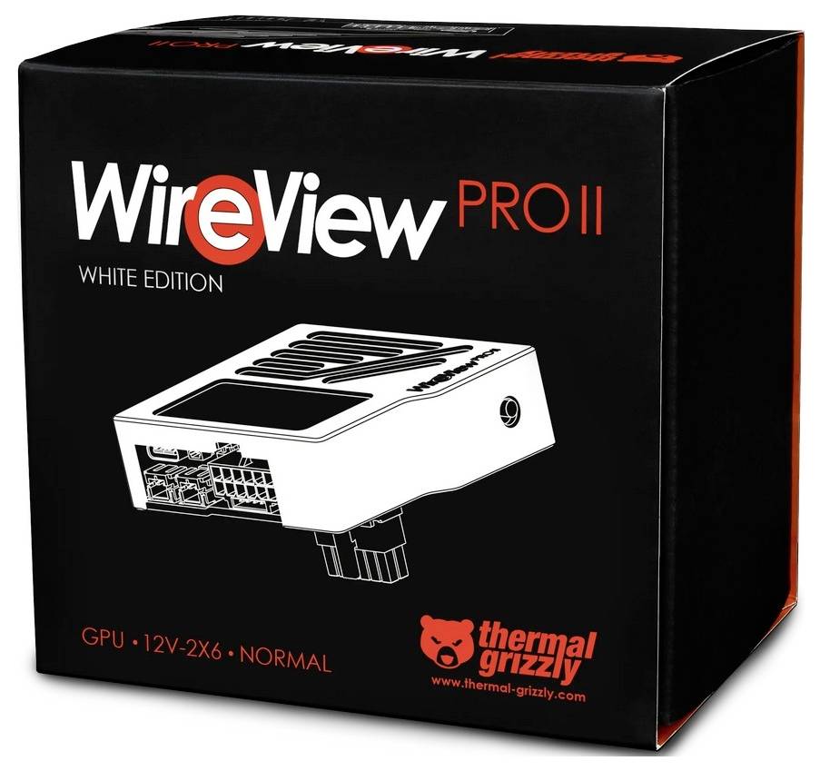 Schwarze Produktbox für Thermal Grizzly WireView PRO II White Edition, zeigt einen weißen GPU-Stromadapter und das Thermal Grizzly-Logo.