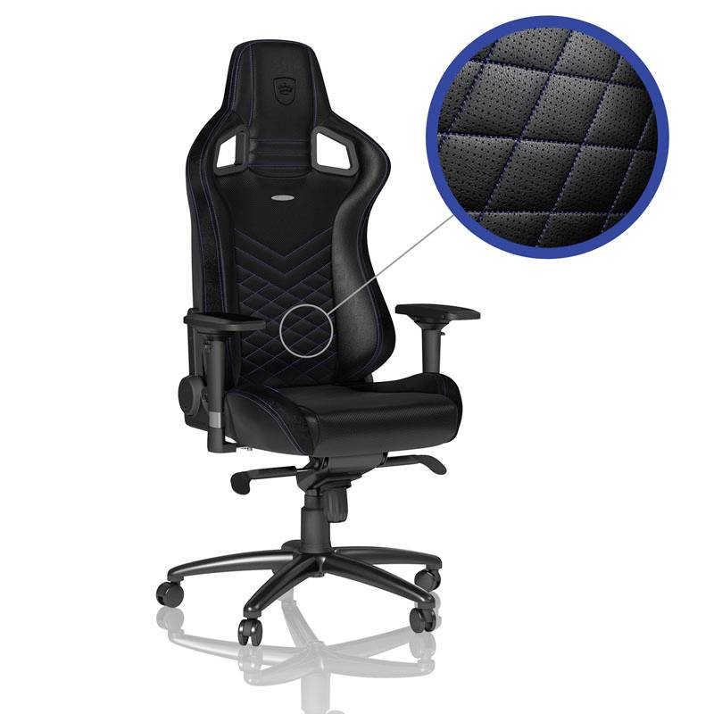 Schwarzer ergonomischer Büro-Gaming-Stuhl mit verstellbaren Armlehnen, Fünf-Rollen-Basis und einer vergrößerten Ausschnittsansicht, die die gesteppte Sitzflächentextur zeigt.