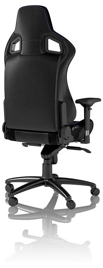 Schwarzer ergonomischer Bürostuhl mit hoher Rückenlehne, Kopfstützenausschnitten, Armlehnen und fünfrädriger Basis auf weißem Hintergrund.