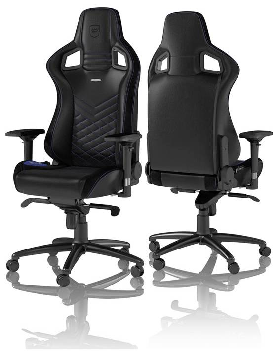 Schwarzer ergonomischer Bürostuhl von vorne und hinten gezeigt, mit hoher Rückenlehne, Kopfstützenausschnitten, Armlehnen und rollbarer Basis.