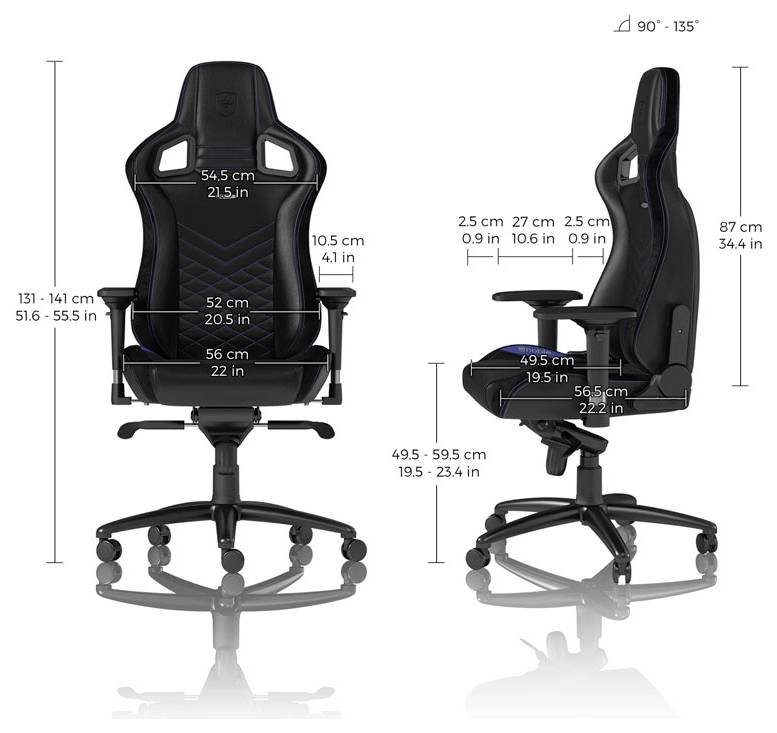 Schwarzer ergonomischer Bürostuhl in Front- und Seitenansicht mit Abmessungen und verstellbarem Neigungsbereich von 90° bis 135°.