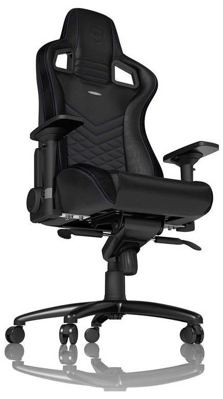 Schwarzer ergonomischer Gaming-Stuhl mit Kopfstütze, Armlehnen und Rollensockel auf weißem Hintergrund