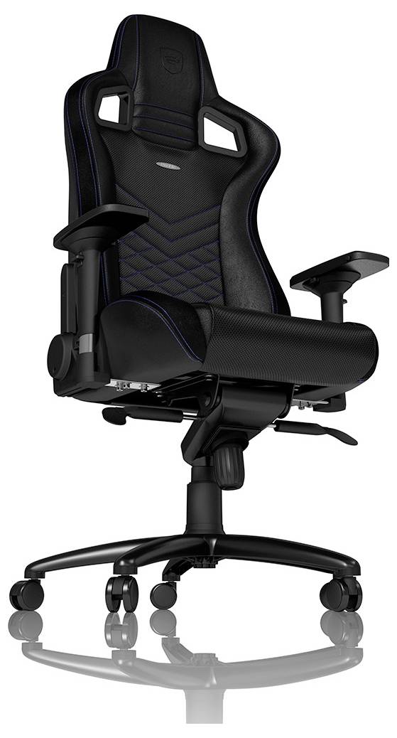 Schwarzer ergonomischer Gaming-Stuhl mit hoher Rückenlehne, Kopfstütze, Armlehnen und schwenkbarer Rollenbasis auf weißem Hintergrund