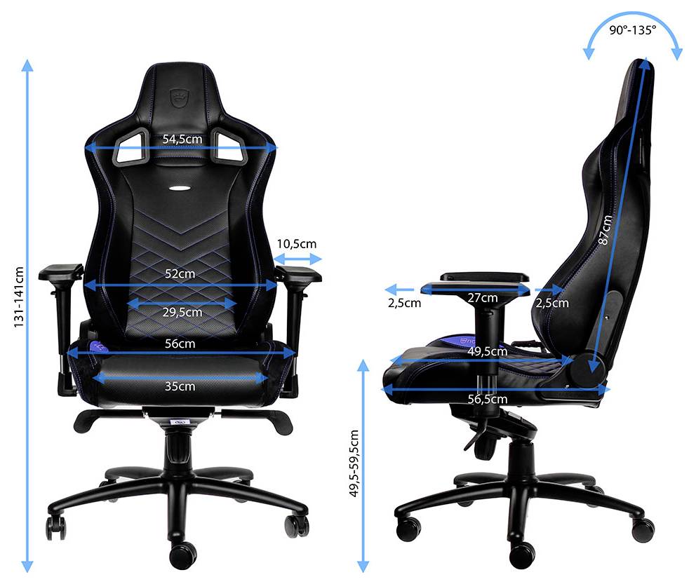 Schwarzer ergonomischer Drehstühle für das Büro in Vorder- und Seitenansicht mit blauen Messingpfeilen, beschrifteten Abmessungen und verstellbarer Rückenlehne mit Winkel 90°-135°.